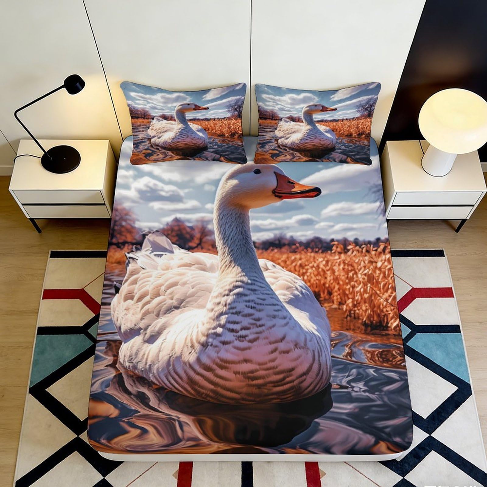 Pnayamiorkfel Style-2 3D Printed White Swan Lake Fitted Sheet Microfiber Decorative Autumn Field Bed Cover For Bedroom Guest Room 90X200x25cm