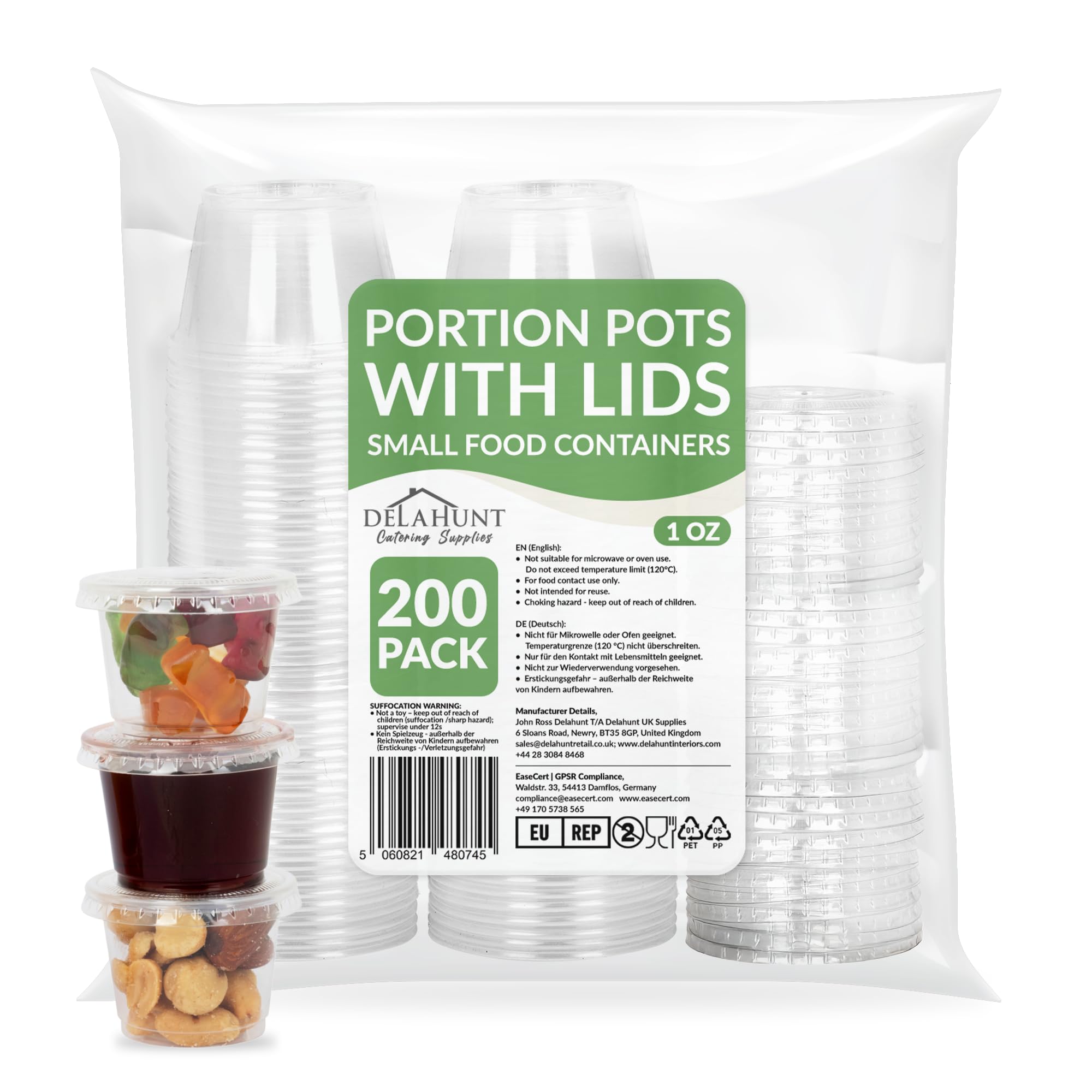 Delahunt Catering Supplies 1oz (30ml) Clear Plastic Portion Pots with Lids [200 Pack] - Small Round Leakproof Containers for Food Preparation, Portion Control, Ingredient Storage and Meal Prep — image 1