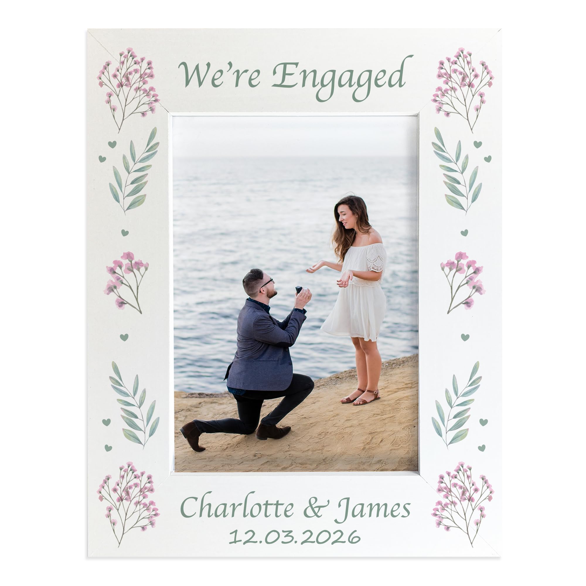 RED OCEAN Personalised Engagement Photo Frame 7x5 We're Engaged Floral Photo Frame Custom Engagement Gift for Couple Proposal Picture Frame Newly Engaged Keepsake White Frame