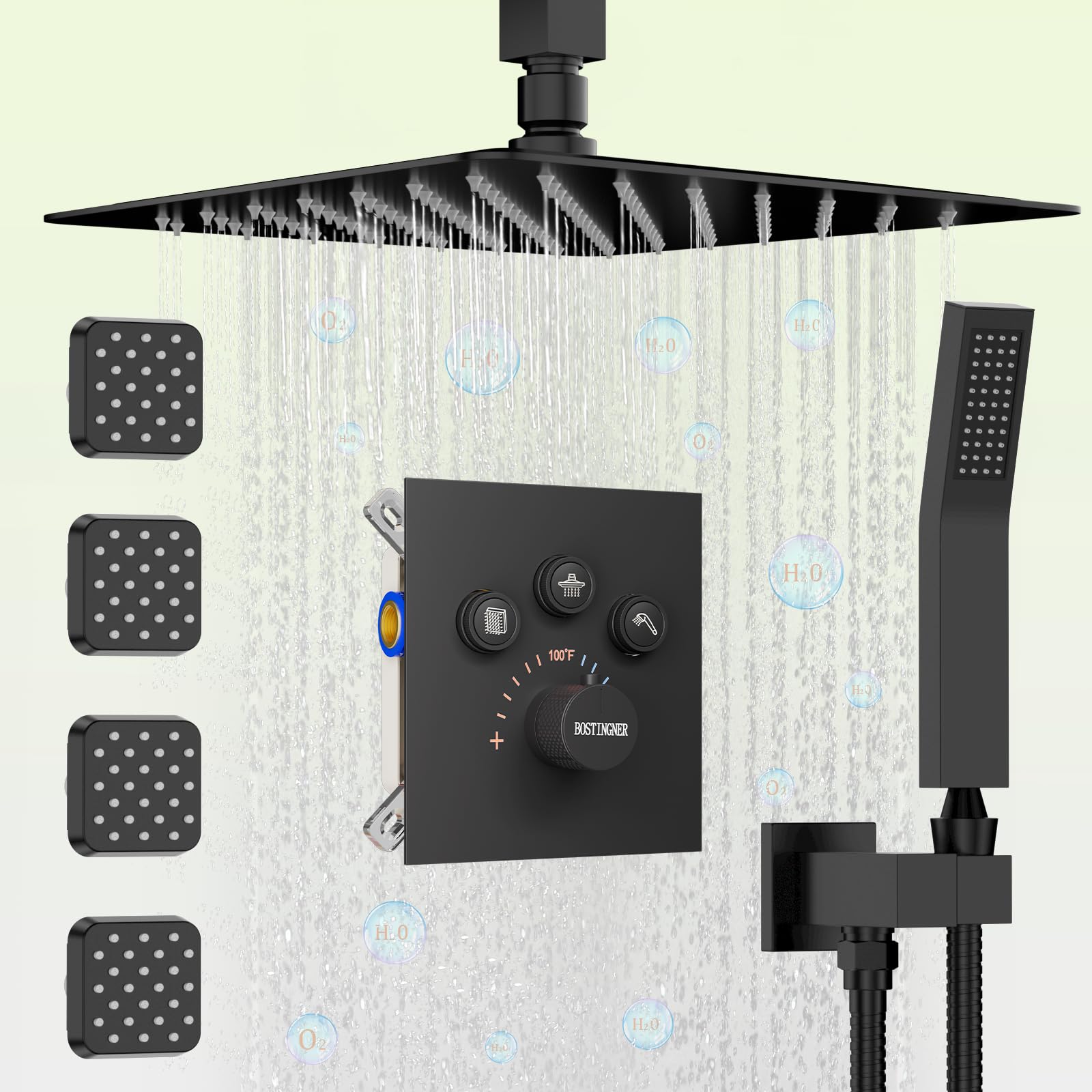Shower System with Body Jets Matte Black, Bostingner 12" Rain Shower Head with Handheld Spray and 4 Body Jets,Can Run Together,3 Way Thermostatic Valve and Trim Kit Shower Faucet Sets