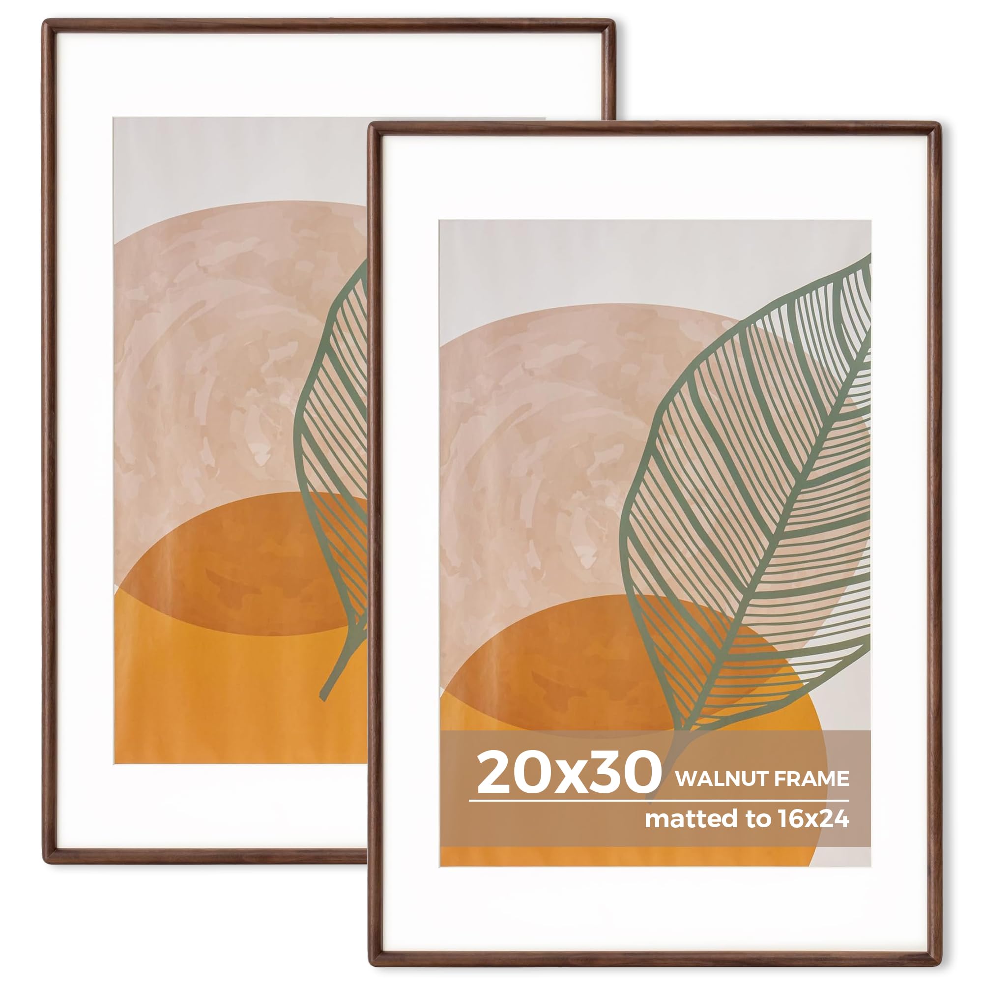 Axeman 20x30 Walnut Frame Set of 2 - Rounded Corner 20 x 30 Poster Frame Matted to 16x24 - Natural Walnut Wood Picture Frame with Tempered Glass for Wall Mount Display