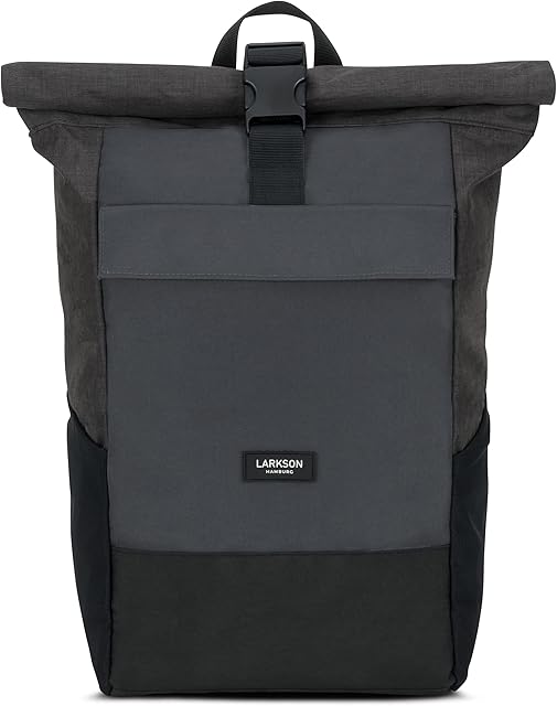 Larkson Roll Top Backpack Women & Men Black Grey - No 4 - Rucksack for University, School, Office - College Laptop Bag 16 Inches - Water-Repellent