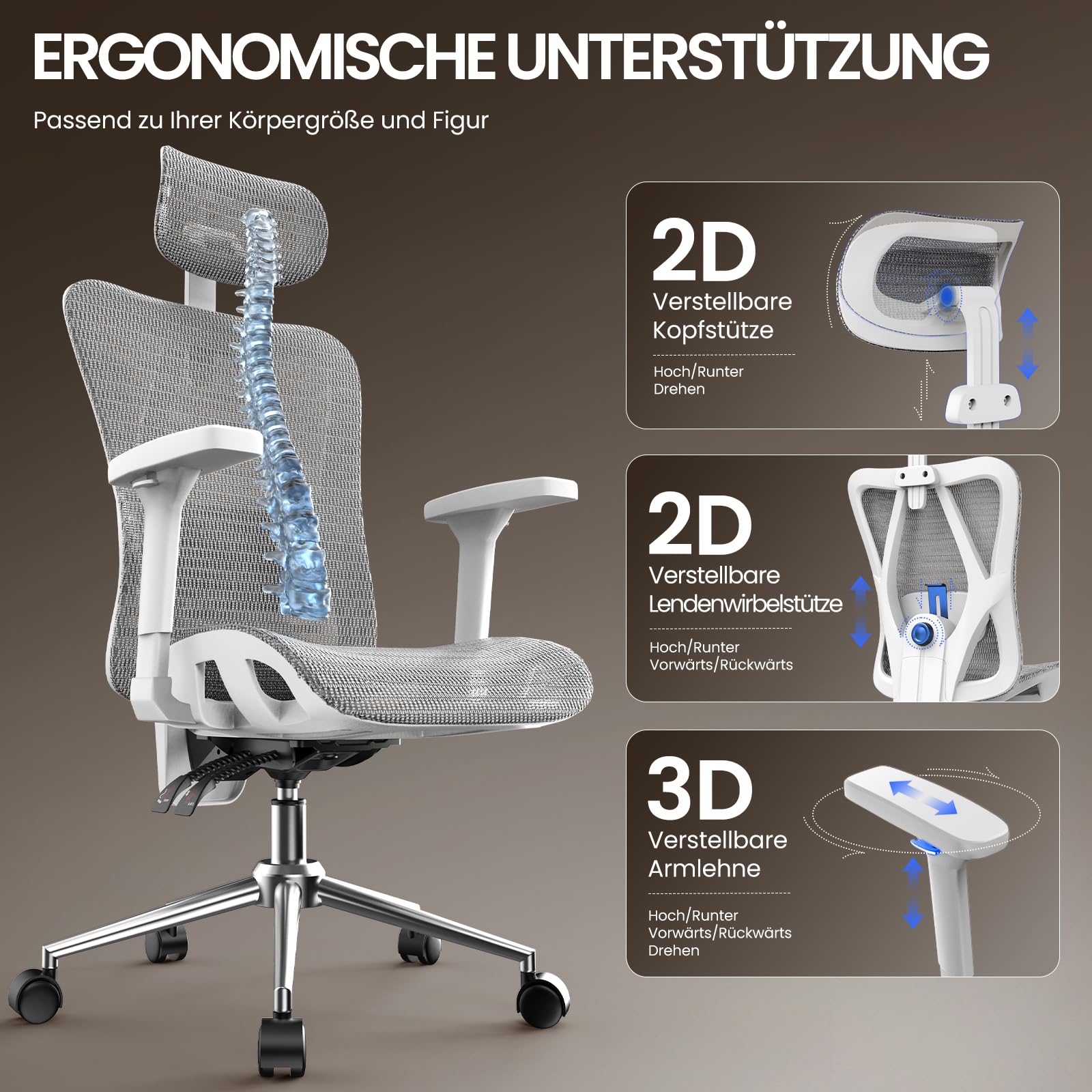 naspaluro Ergonomischer Bürostuhl, Schreibtischsessel mit Kopfstütze, 3-stufig Verstellbarer Rückenlehne, Stabiler Drehstuhl bis 150kg belastbar, Computerstuhl für Büro und Homeoffice, Weißgrau