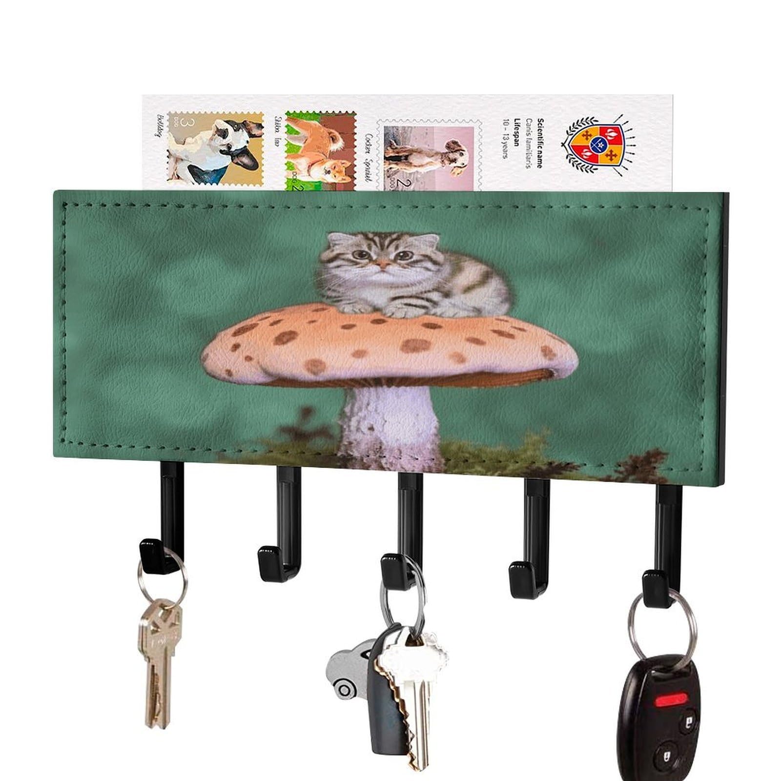Fekiloot Black-Style Cat On Mushroom Key Holder Wall Mount Key And Mail Holder Key Hanger With 5 Hooks Decorative Pu Key Rack Hanging Key Hooks For Wall Living Room Kitchen Bathroom Hallway