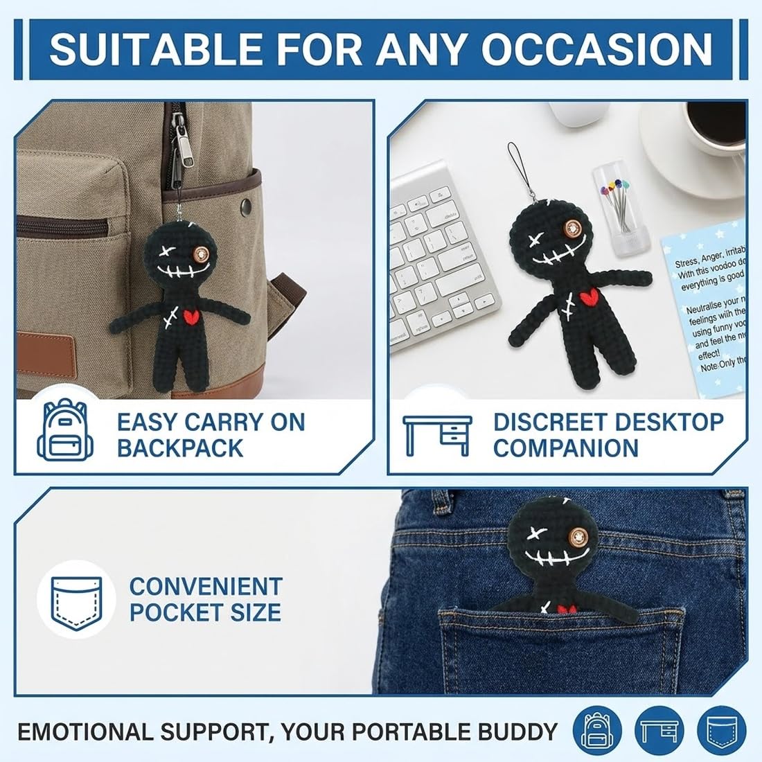 1 Unidad Muñeca Vudú Positiva, con 10 Agujas, Divertido Regalo Antiestrés, Muñeca Negra Tejida con Alfileres, Muñeco Vudú Decoración de Halloween para Adultos, Amigos, Compañeros (12 cm)