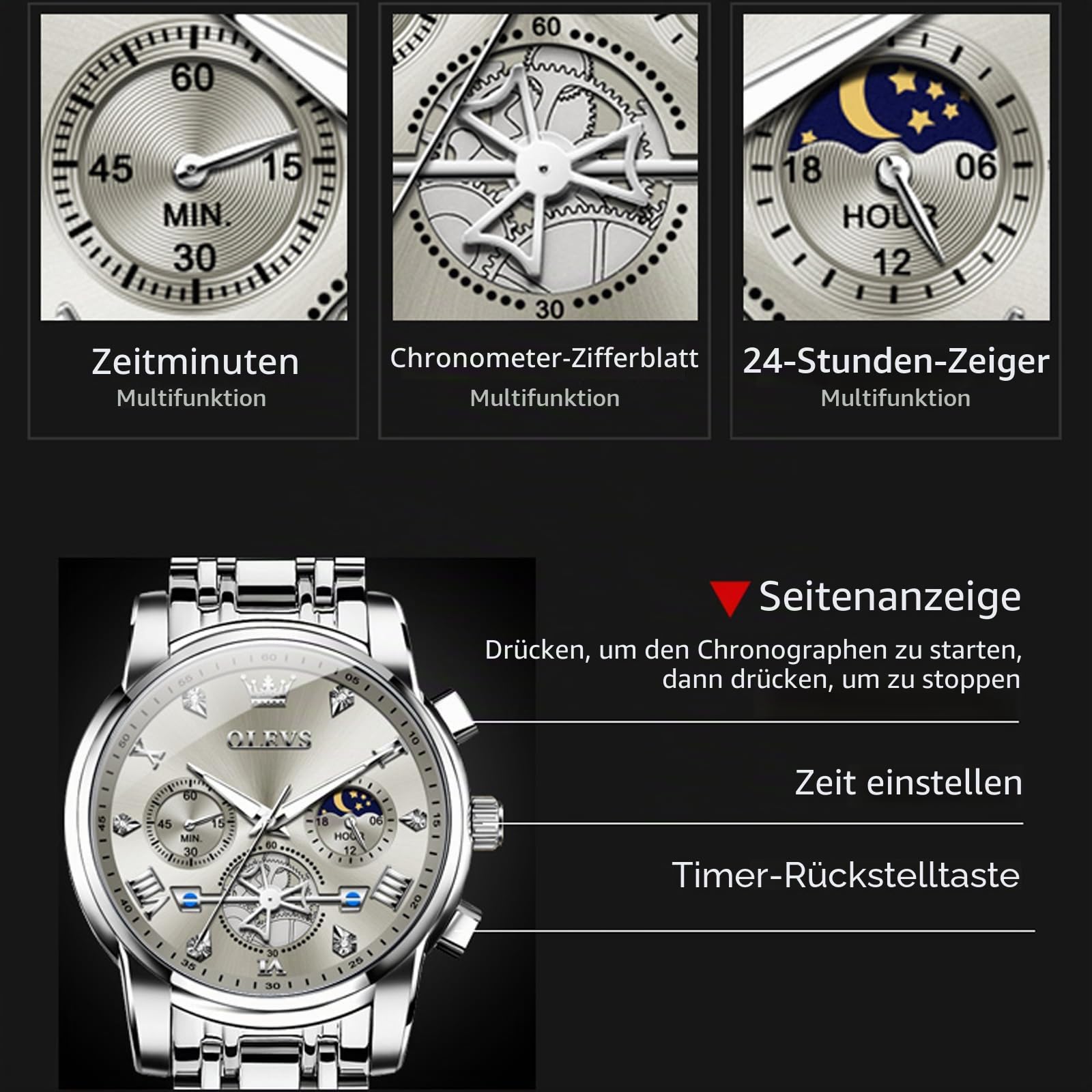 OLEVS Herren-Armbanduhr mit Zeitcode, Edelstahlarmband, Leuchtend, wasserdicht, multifunktional, Unterzifferblatt, Business-Kleid, Quarz, rund, Luxusuhren für Herren