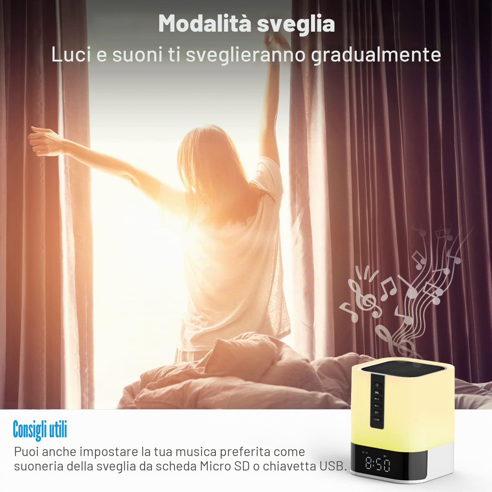 Altoparlante Bluetooth con luce notturna, sveglia digitale, lampada da comodino con sensore touch, macchina per il rumore bianco
