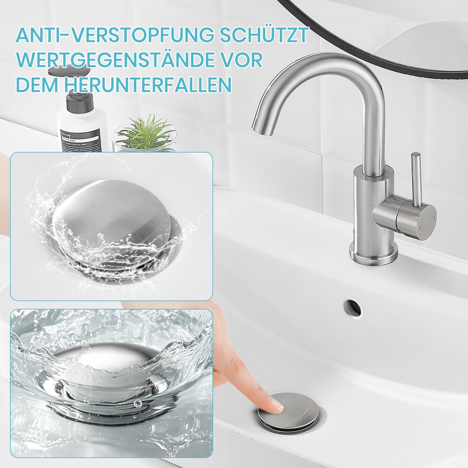 Rubinetto da bagno alto con piletta di scarico, spazzolato | Miscelatore monocomando girevole a 360°, rubinetto per lavandino in acciaio inox