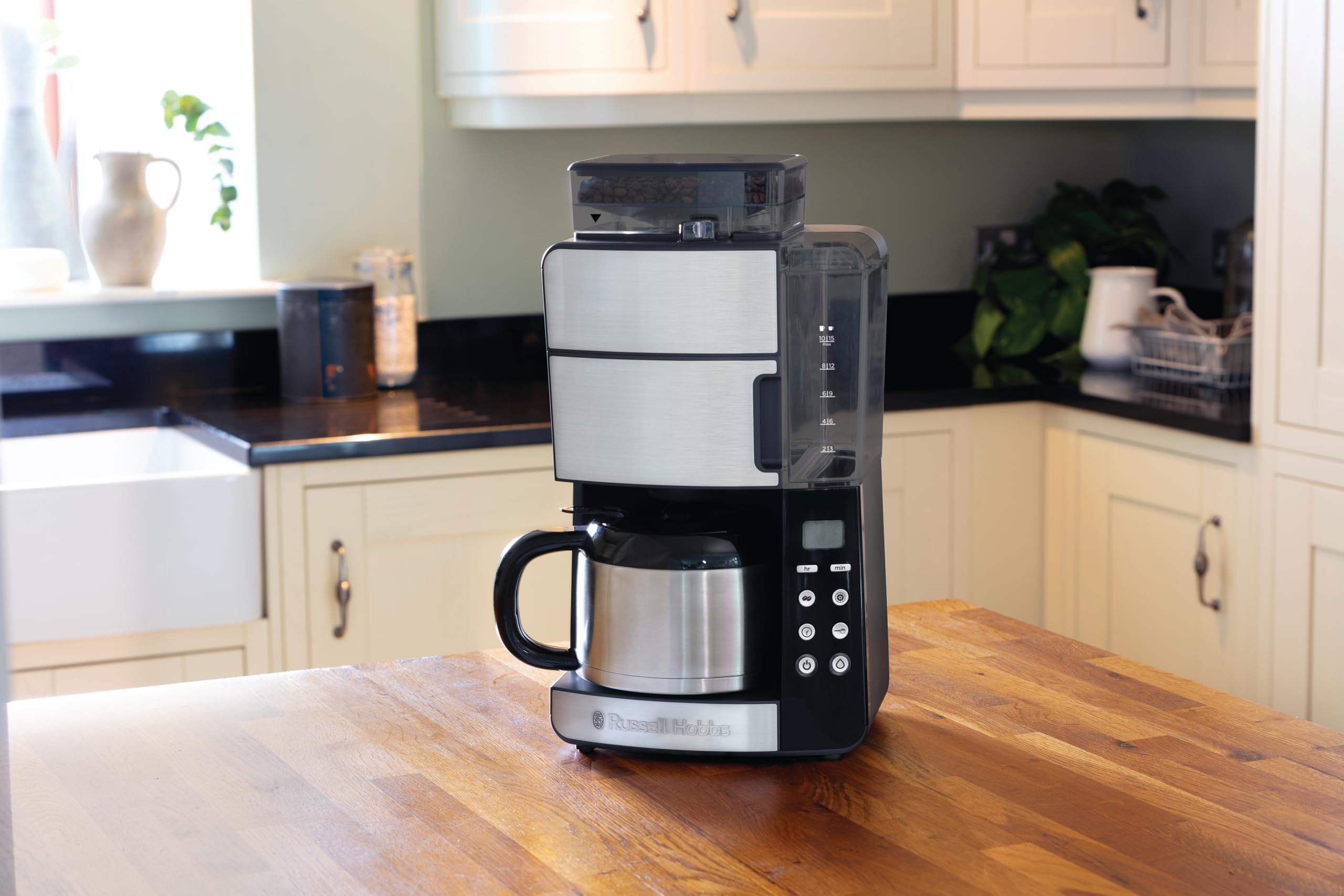 Russell Hobbs Macchina Caffè Americano con Macinacaffé Integrato - Timer digitale, Filtro per Estrazione e Aroma ottimali - Caraffa Termica; Max 10 tazze, 3 livelli di Macinatura, Grind&Brew 25620-56