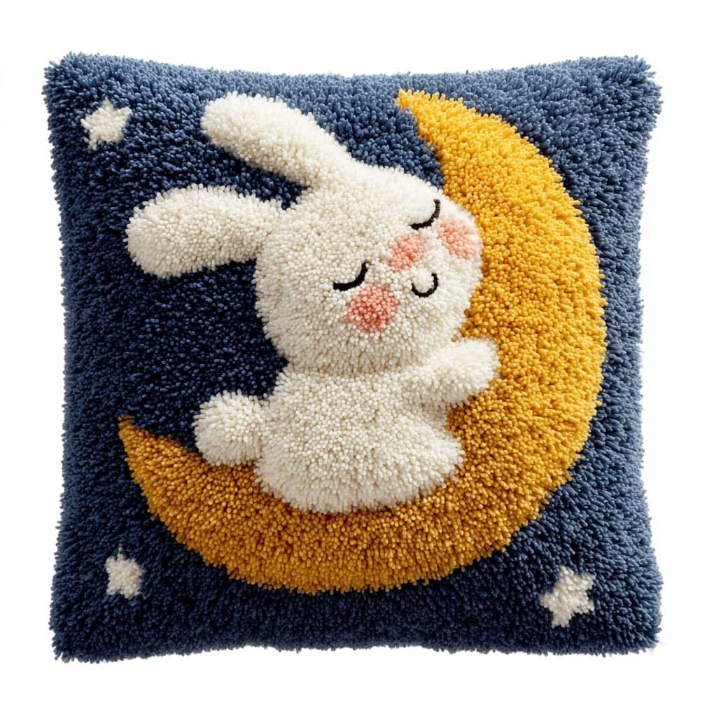 Henypt DIY Latch Hook Cushion Kit,Rabbit on the Moon 43x43cm Decorative Pillow Cover Craft Set,DIY Craft Set Perfect for Living Room & Gifting