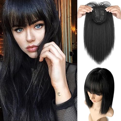 Miniatura 1 de FELENDY Extensiones de cabello con flequillo, base de seda de 14 pulgadas, corona superior, 200% de densidad, extensiones de clip para cabello gris