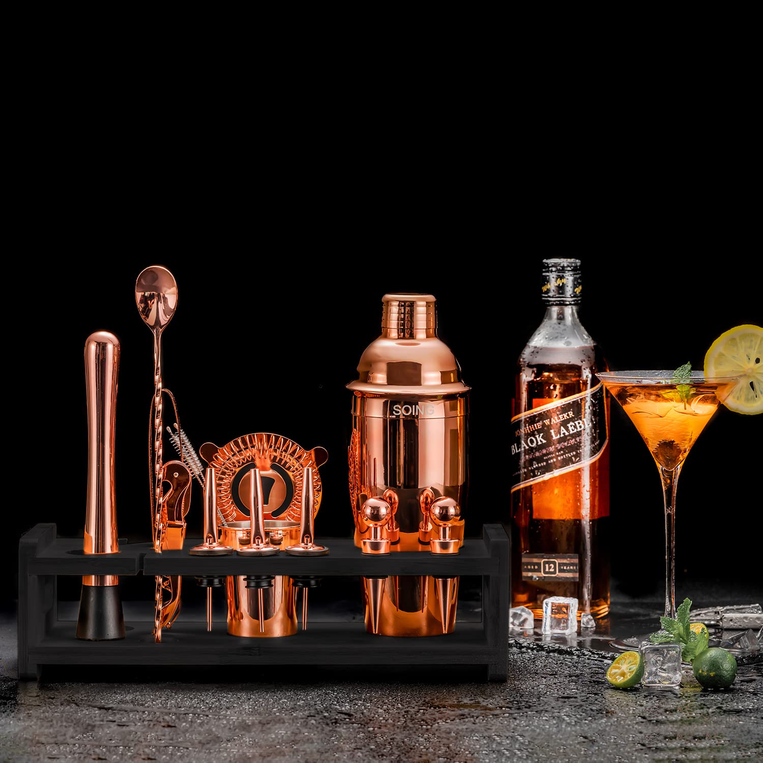 Kit de barman de 24 piezas con soporte, kit de coctelería perfecto para mezclar bebidas, herramientas de barra de acero inoxidable con todos los accesorios necesarios, recetas