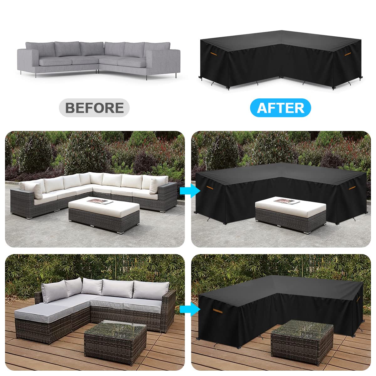 Gartenmöbel Abdeckung L-Form Lounge Abdeckung Wasserdicht Rattan Sofa Abdeckhaube für Gartenmöbel Schutzhülle, Abdeckplane für Ecksofa, Eck-Loungegruppe, Loungemöbel, 270x270x90/90x65cm