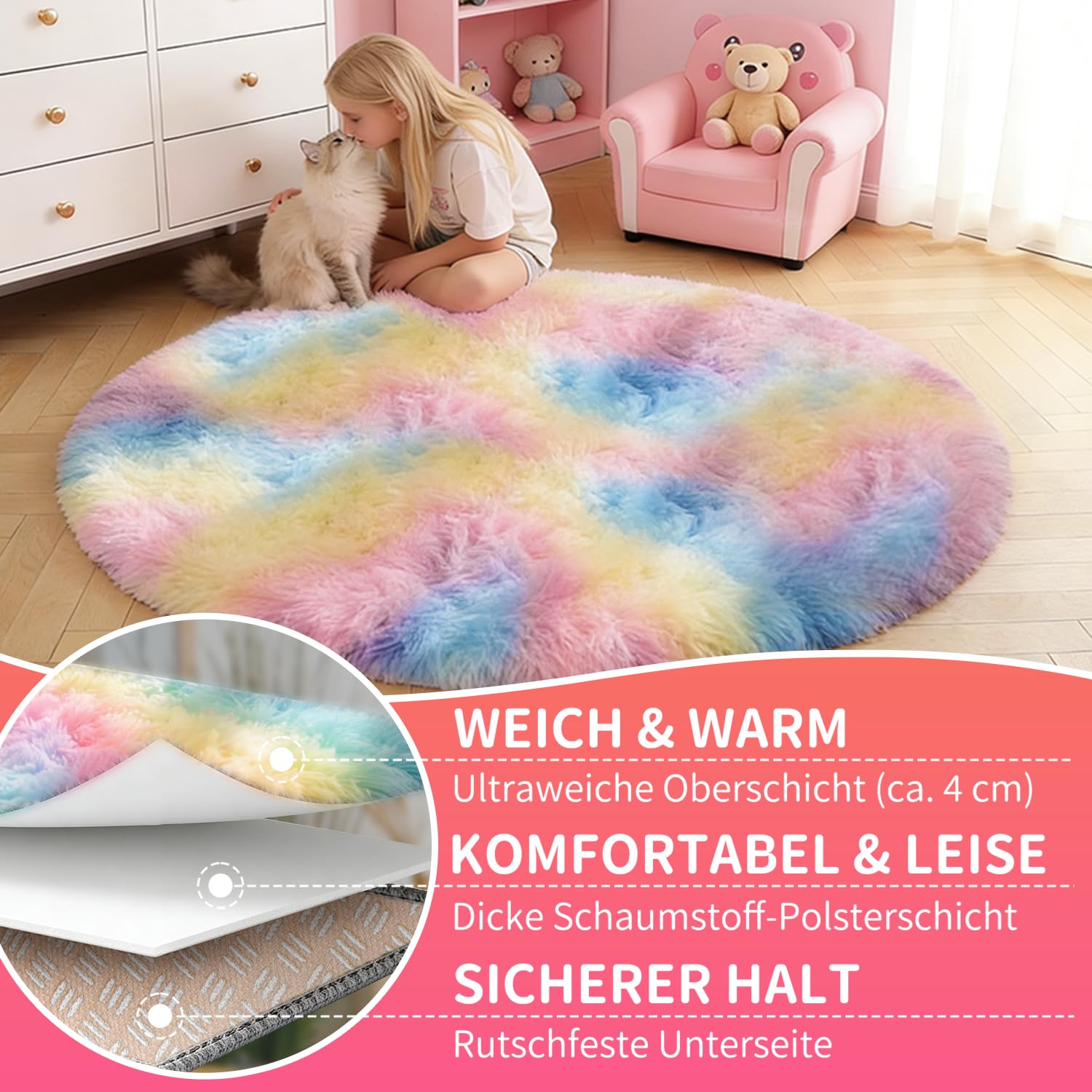 Teppich Kinderzimmer Rund 100 cm Regenbogen | Waschbar, Kinderzimmer Mädchen Junge, OEKO-TEX Zertifiziert, Schlafzimmer, Flauschig, Rutschfeste Unterseite