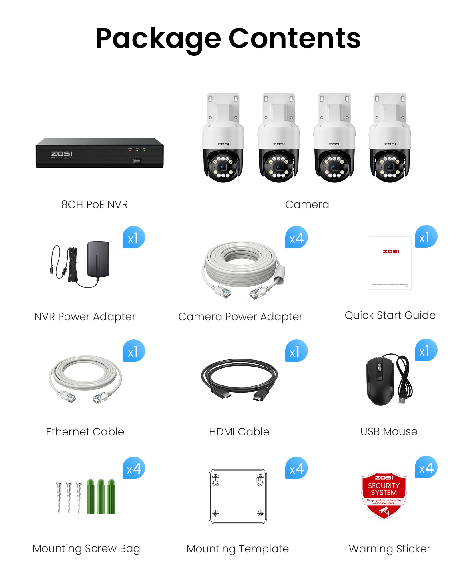 ZOSI 5MP Kit Videosorveglianza PoE Esterna, 4x Telecamera PTZ, NVR a 8 Canali con 2TB HDD, Rilevamento di Persone/Veicoli, Pan 355°/Tilt 140°, Audio Bidirezionale, Allarme Intelligente, Accesso Remoto