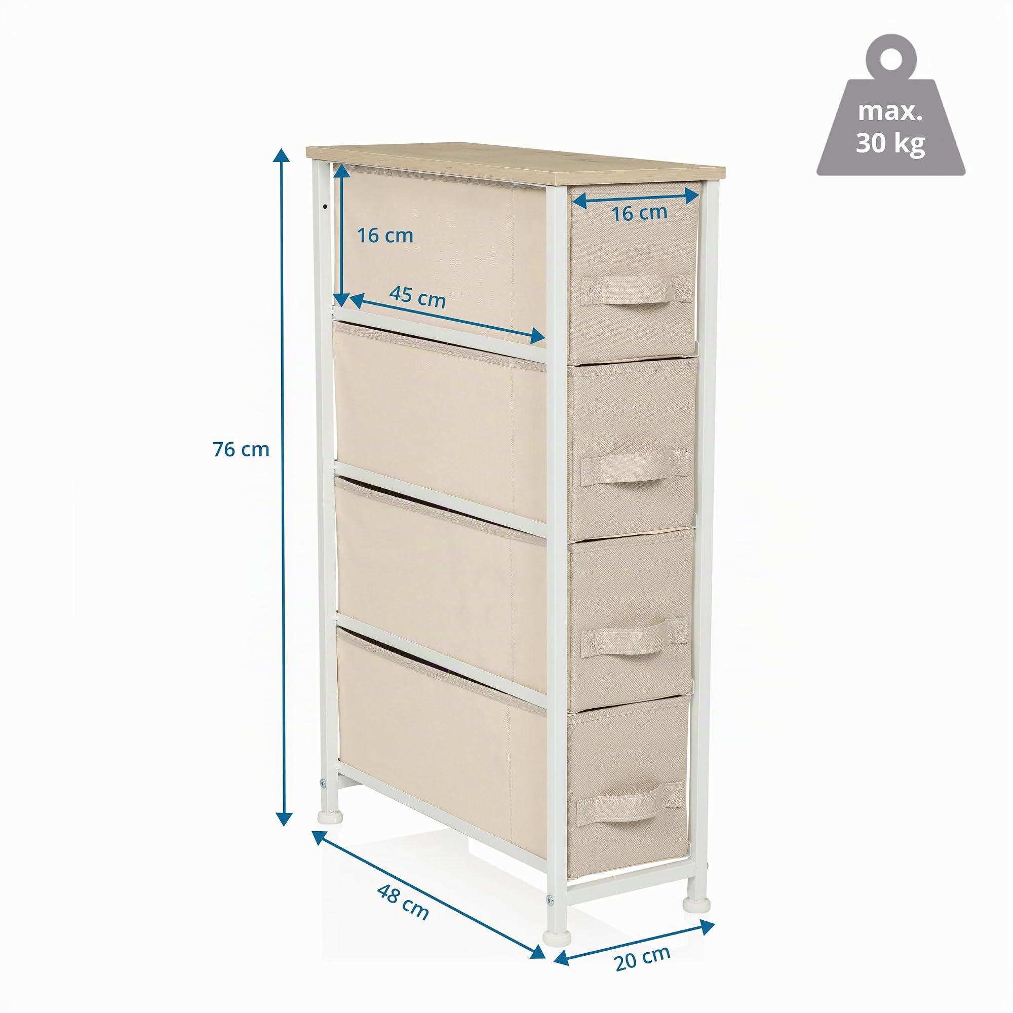 Commode avec 4 tiroirs en Tissu FOLDRESS S 20x48x76 cm Commode à tiroirs Organiseur, Pieds réglables en Hauteur, Structure métallique, Beige