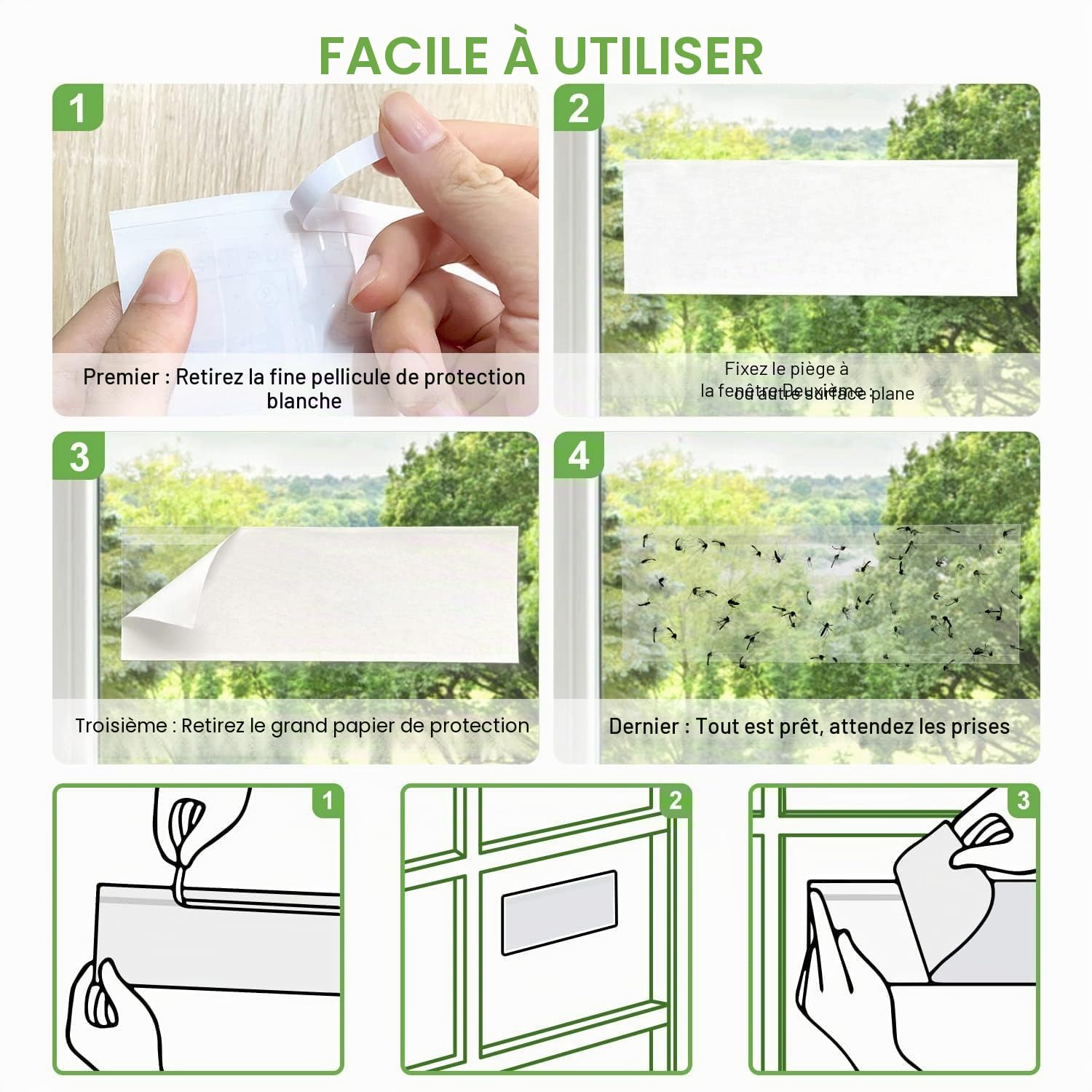 Lot de 100 pièges à Mouches pour fenêtre - Bandes adhésives en Papier Transparent pour fenêtre - Piège à Mouches - pour Maison - Étanche - pour l'intérieur et l'extérieur