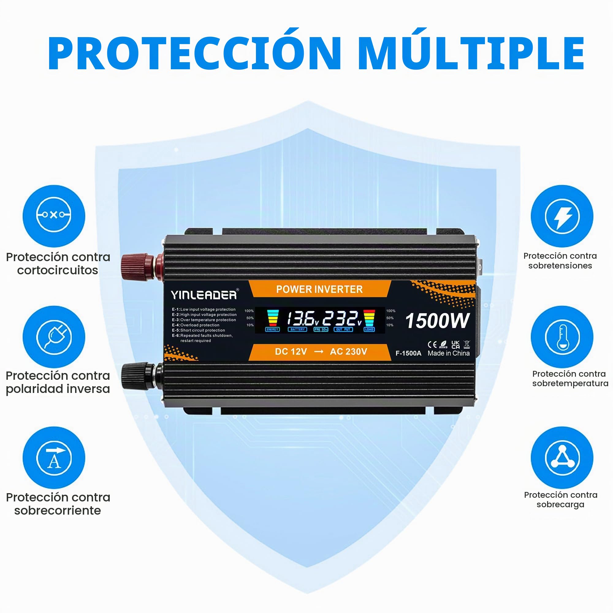 Inversor de corriente de 12 V 230 V 1500 W inversor de pantalla grande 12 a 230 inversor