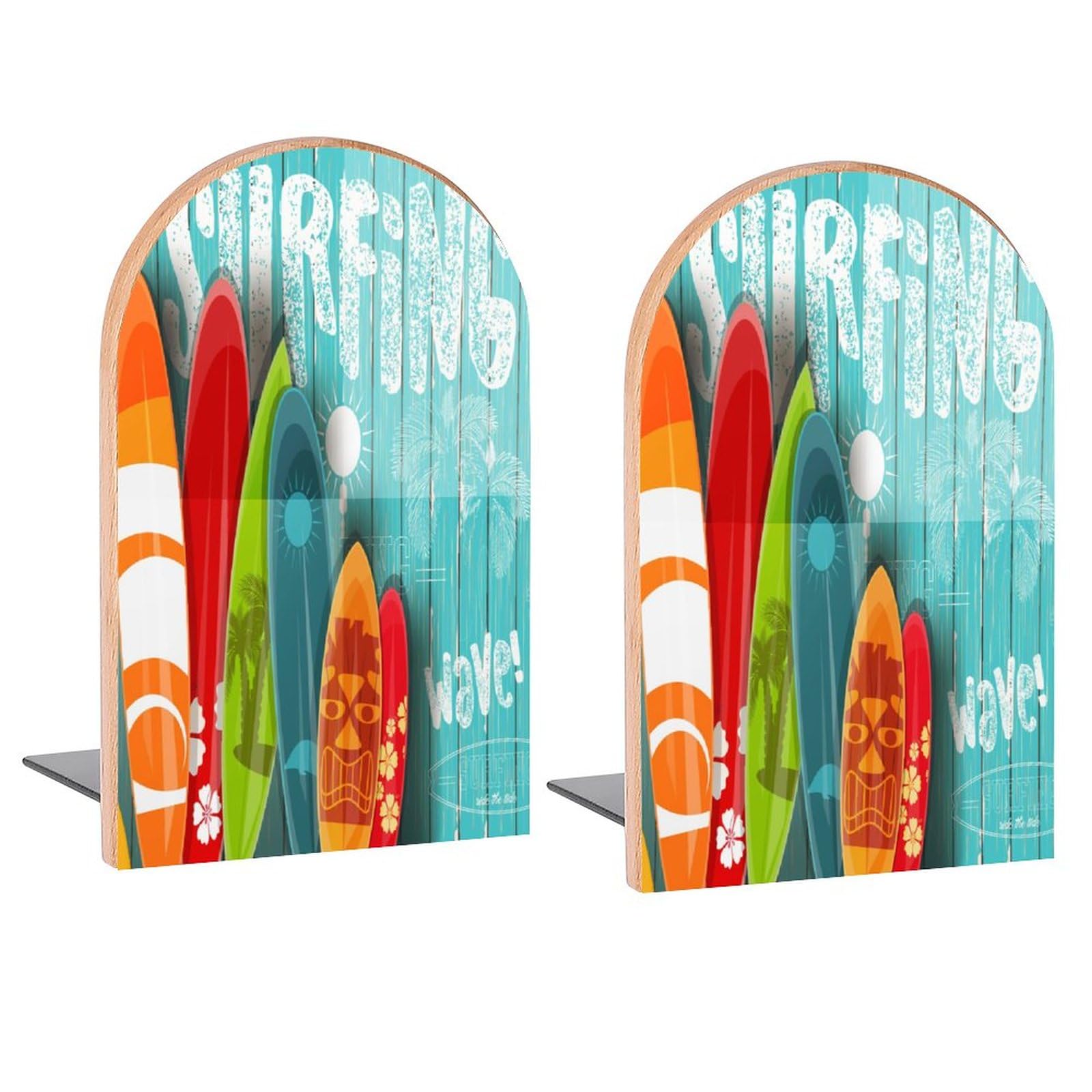 Summer Surfboards on Blue Wooden Book Ends Decorative Wood Bookends for Shelves Kids Room Desk Home Office Book Stoppers for Magazines,Books, DVDs, 1
