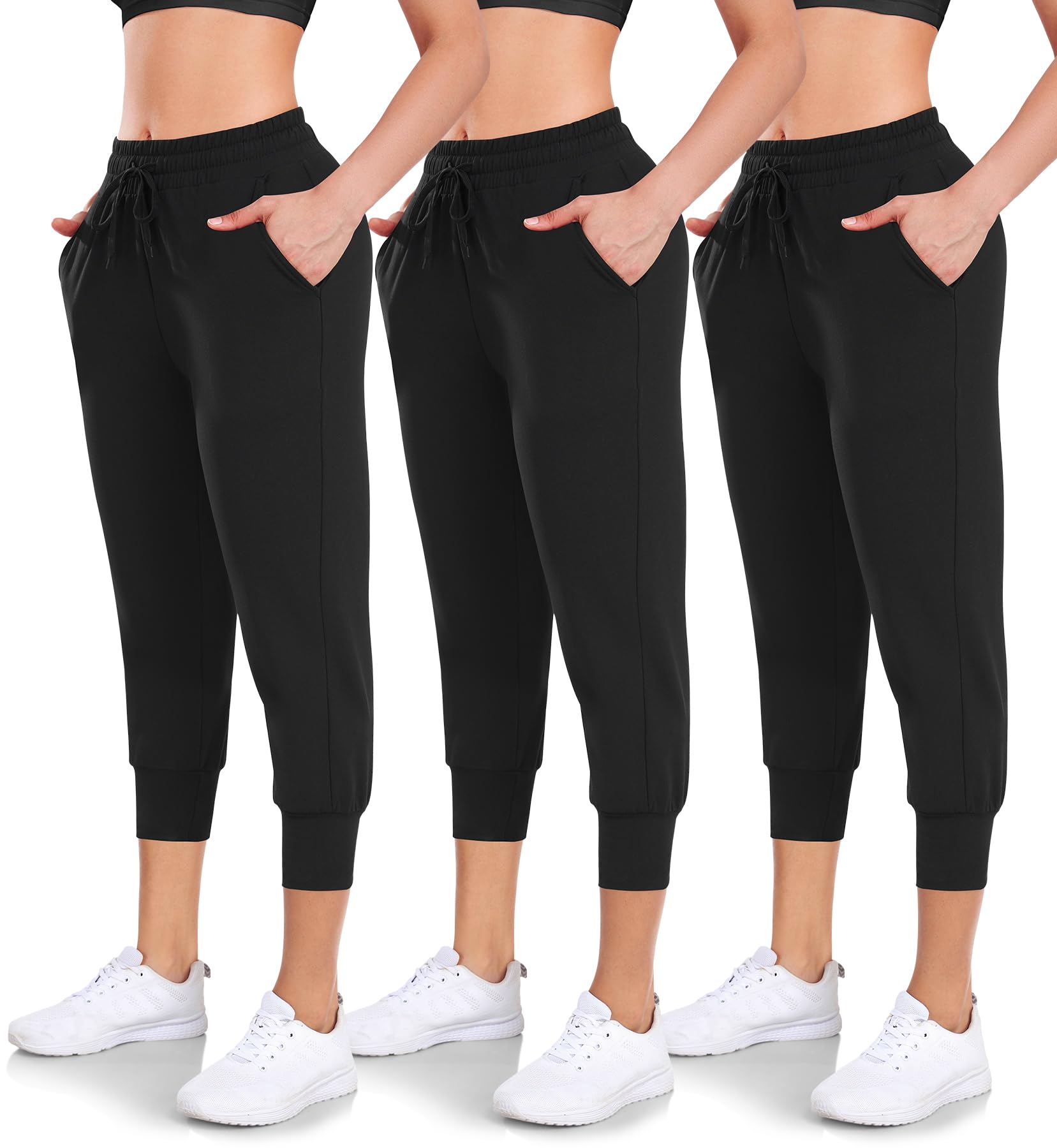 Womens 3 Pack Capri Sweatpants with Pockets - High-Waist Yoga Joggers Athletic Running Leggings for Workout Gym Lounge