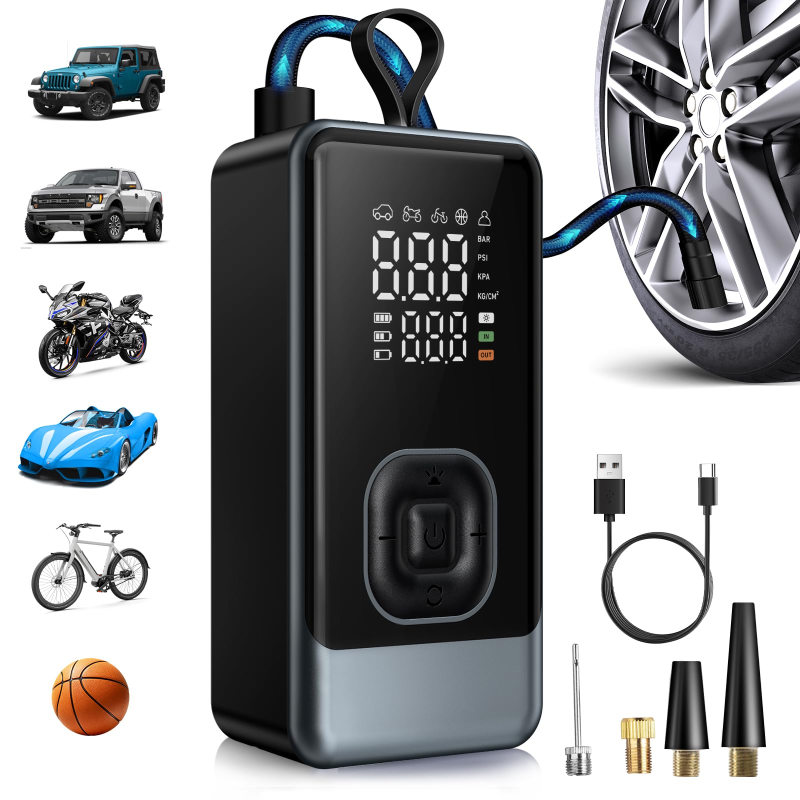 Compressore d'aria per gonfiaggio pneumatici, 150 psi, portatile, senza fili, con manometro digitale, spegnimento automatico e luce LED, pompa elettrica ricaricabile per auto, moto, bicicletta
