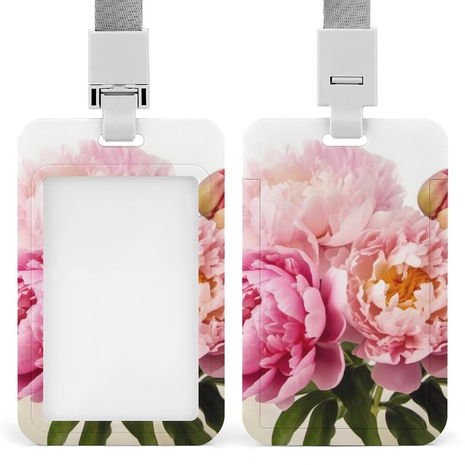 ID Card Holders for Lanyard,Peony Flowers Blossom Printed Badge Holder with Clear Window,Plastic Vertical Bus Pass Holders for Work Teacher Nurse Employees Proximity Key Cards Women Men — image 1