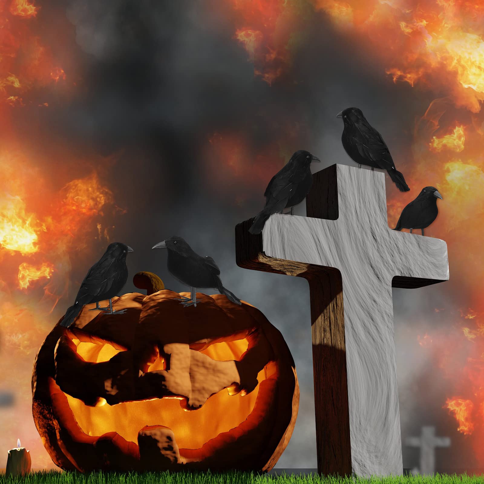 24 Pcs Halloween Black Feathered Crows Halloween Realistic Crow Decorations Fake Foam Crows Prop Decorations for Yard Trees Birds Outdoors and Indoors