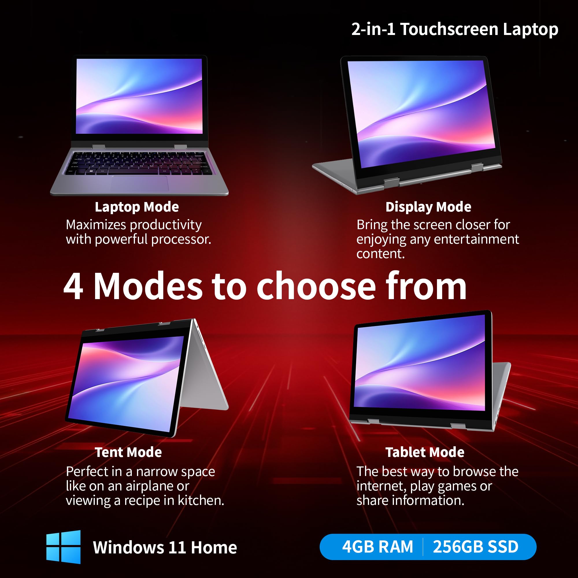 Ordinateur Portable Tactile 12 Pouces pc Hybride 2 en 1 Tactile pc Portable Windows 11 Ordinateur Tablette 256 Go SSD 4 Go RAM Laptop 2 in 1 360°Flip Touch Screen Tablette avec Clavier