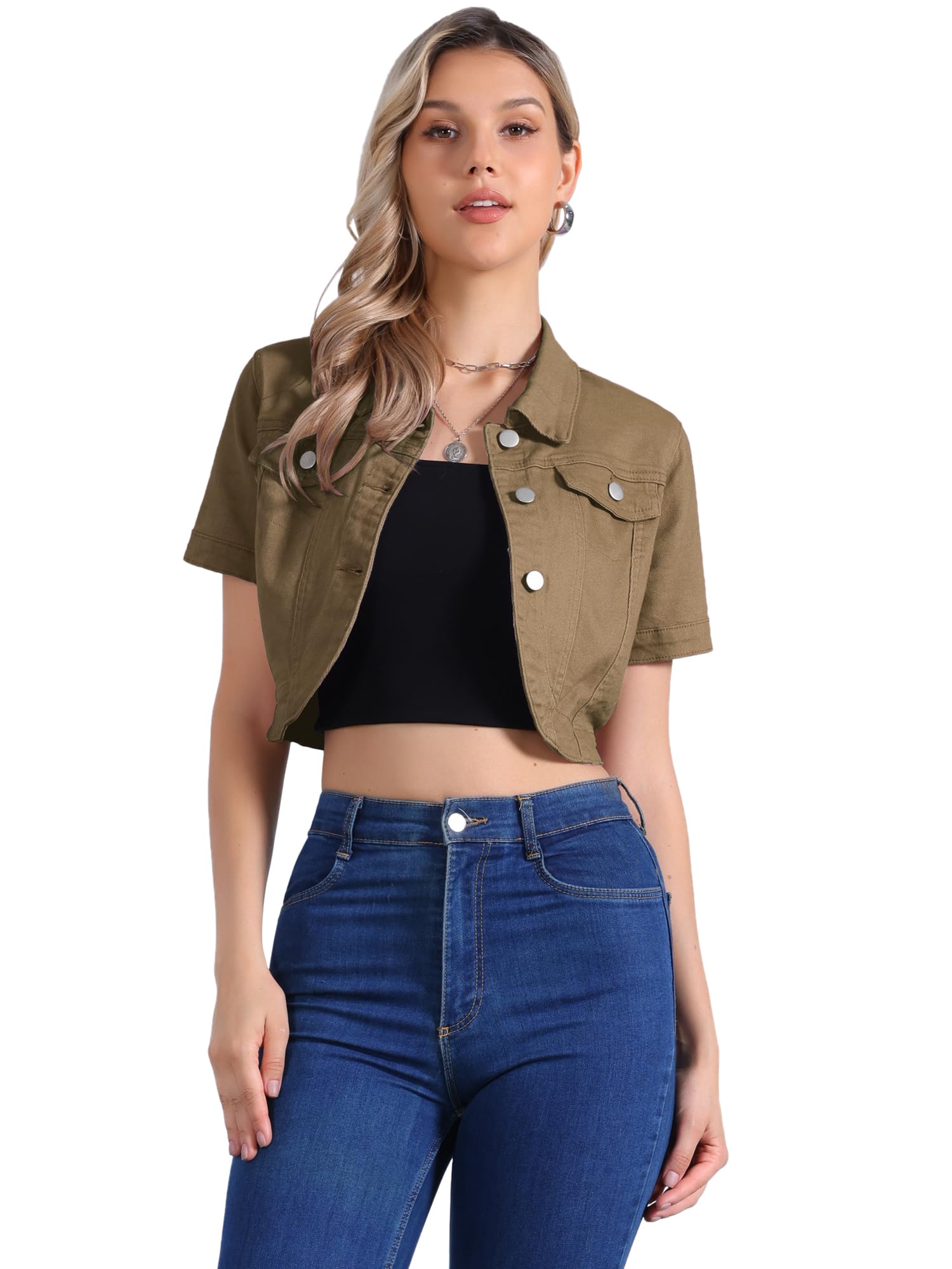 Allegra K Donna Giacca di Jeans Casual per Giacche di Jeans Corte A Maniche Corte con Colletto A Punta