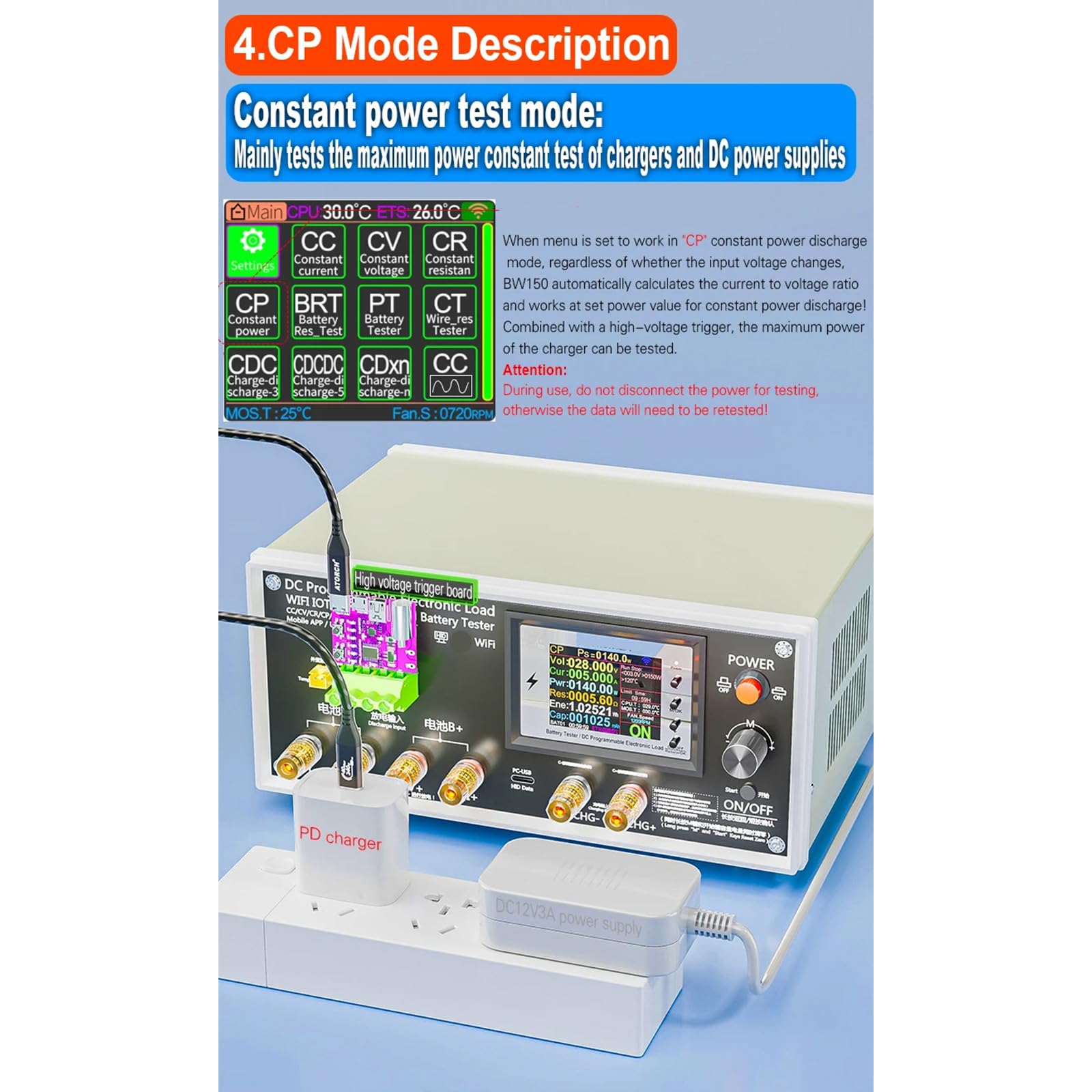 Monitor de capacidad de batería con pantalla para baterías de litio y ácido de hasta 200 V Probador de carga electrónico programable WiFi para pruebas de capacidad de batería