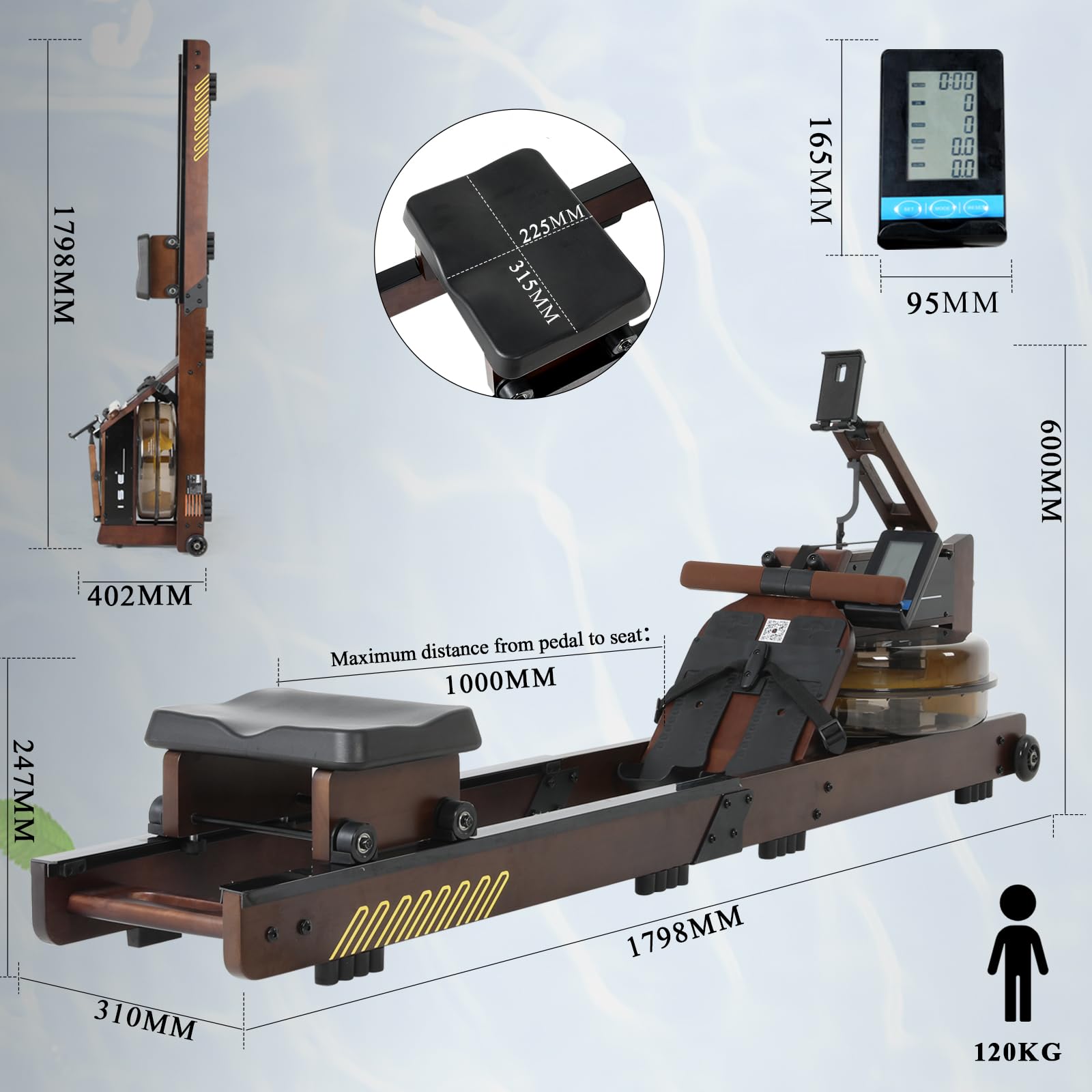 ISE Rameur Pliable à Eau Fitness, Rameur d'Appartement Pliable Maison/Bureau, avec Pompe à Eau, Niveau Résistance 30KG Maxi, Écran LCD, Siège Réglable, Water Rowing Machine Roue Transport Rail Lisse