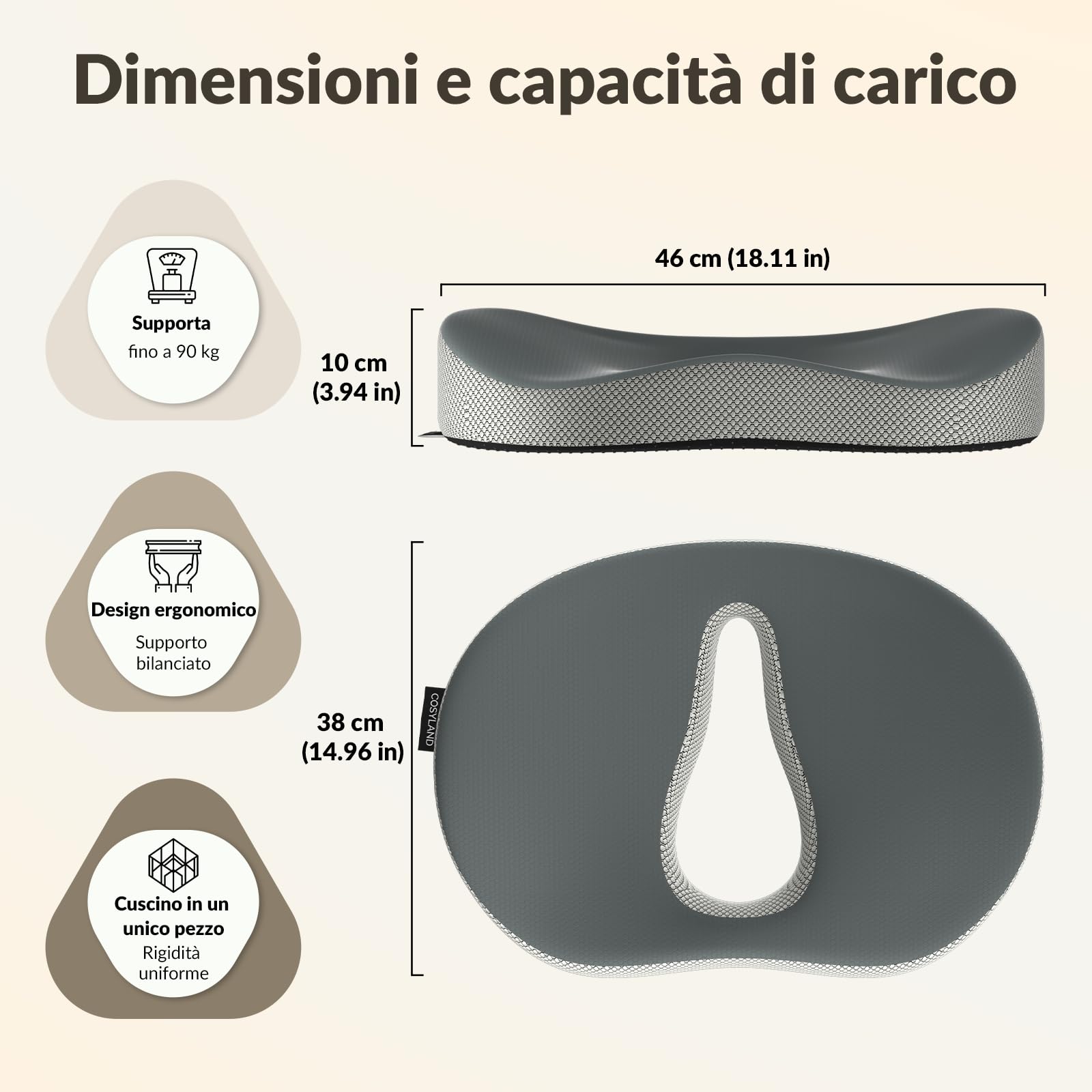 COSYLAND Cuscino Sedia Ufficio in Memory Foam - Cuscino per Sedia da Ufficio Antiscivolo, Cuscino di Supporto per Coccige e Schiena, Fodera Lavabile, per Ufficio, Auto, Sedia da Gaming(Grigio
