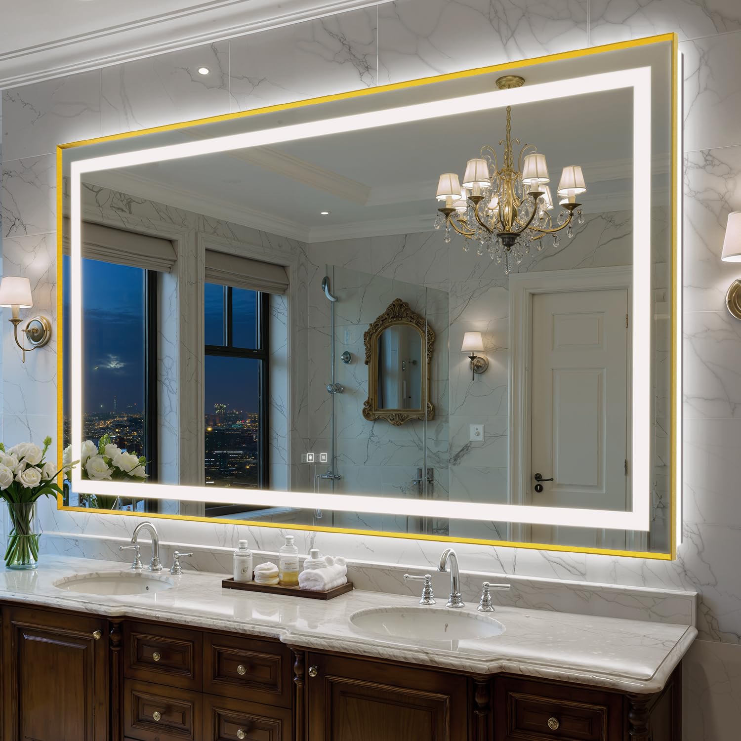 72X40 Inch LED Bathroom Mirror with Lights, Gold Frame Frontlit+ Backlit Bathroom Vanity Mirror for Wall, Ultra-Clear Tempered Glass, Shatter-Proof, Anti-Fog and Memory Function, ETL Listed