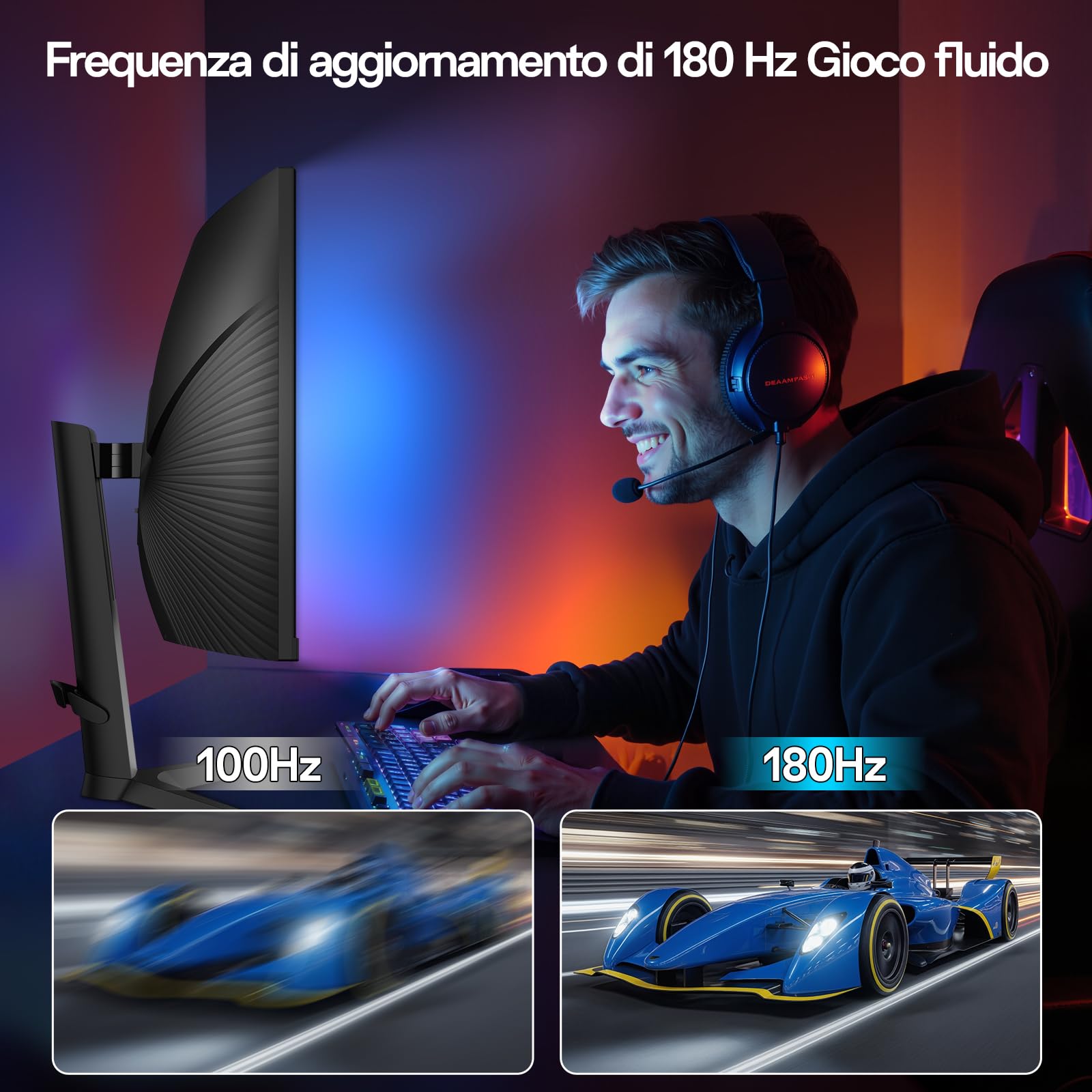 KOORUI Monitor da gioco curvo(R1000) da 34 pollici | Pannello VA WQHD 3440×1440, 180 Hz + 1 MS MPRT, HDR400 + 99% sRGB, supporta la regolazione dell'altezza di 110 mm, nero