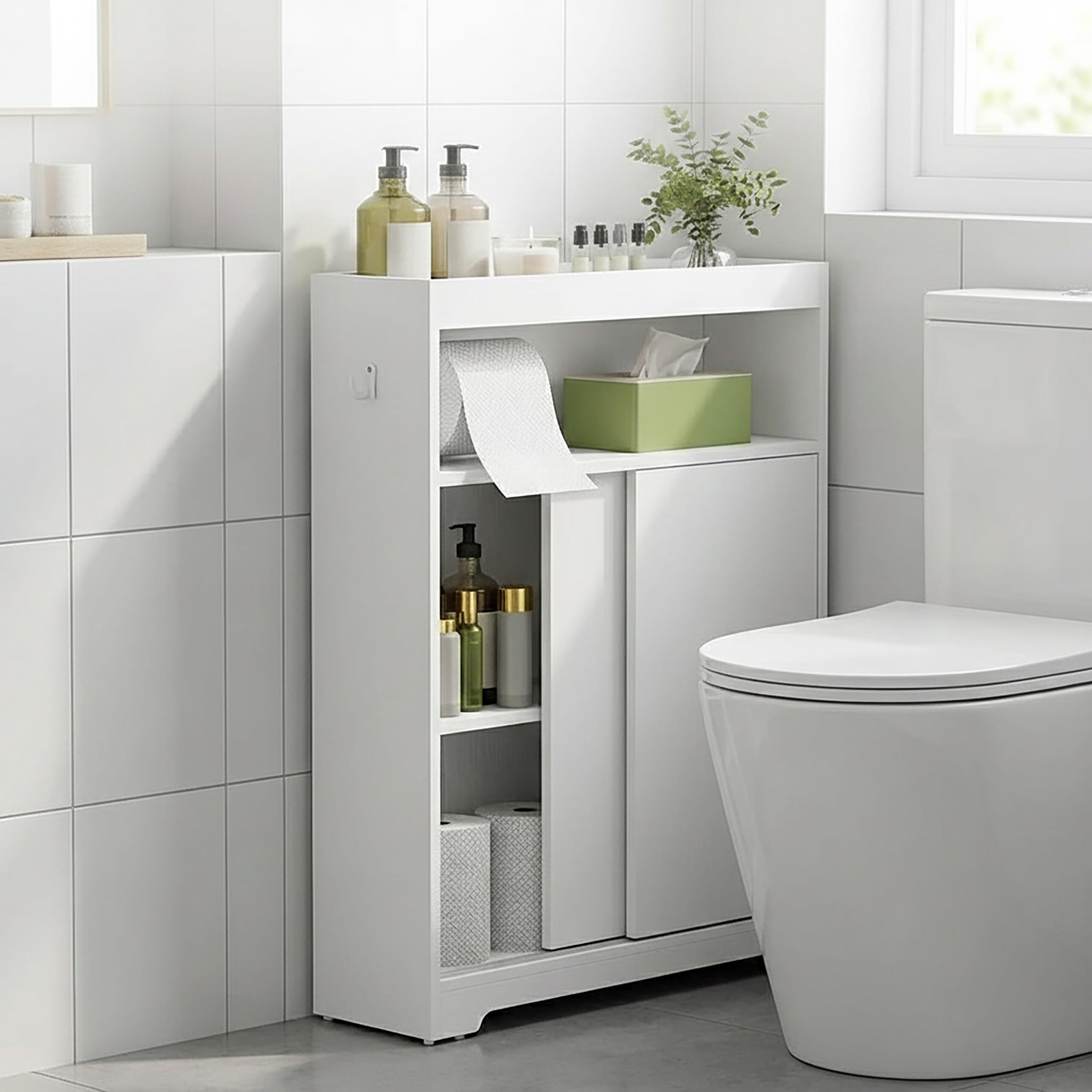 Relaxdays Nischenschrank, 4 Fächer, Toilettenpapierhalter, Haken, HxBxT 80 x 20 x 60 cm, Badezimmer, MDF, Badregal, weiß