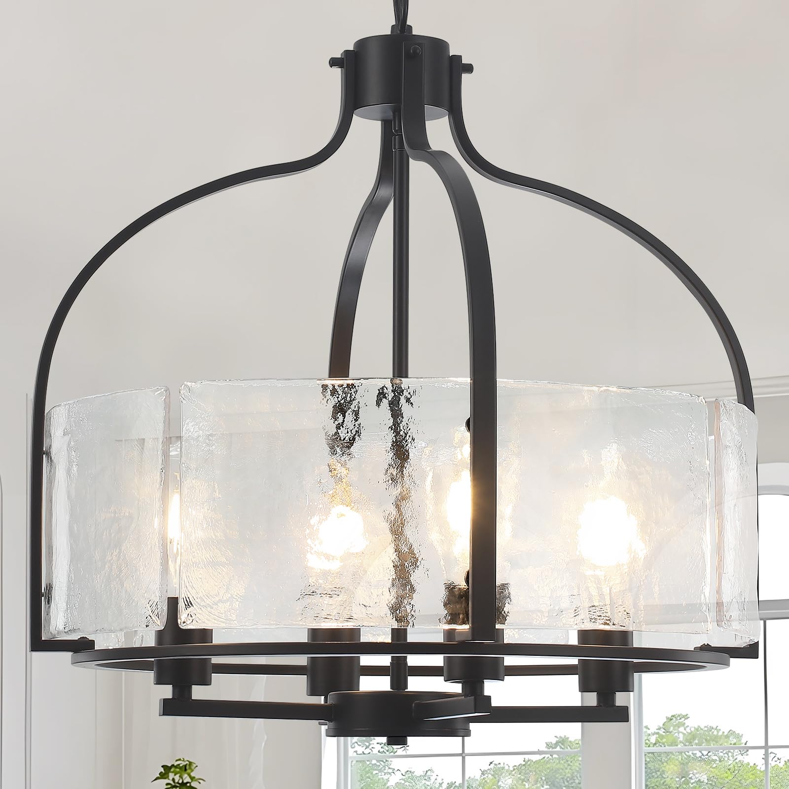 ZLNIDJIA Glass Chandelier, 20.47" Black Farmhouse Chandelier, Modern Round Hanging Light Fixture for Dining Room, Kitchen Island, Foyer, Entryway