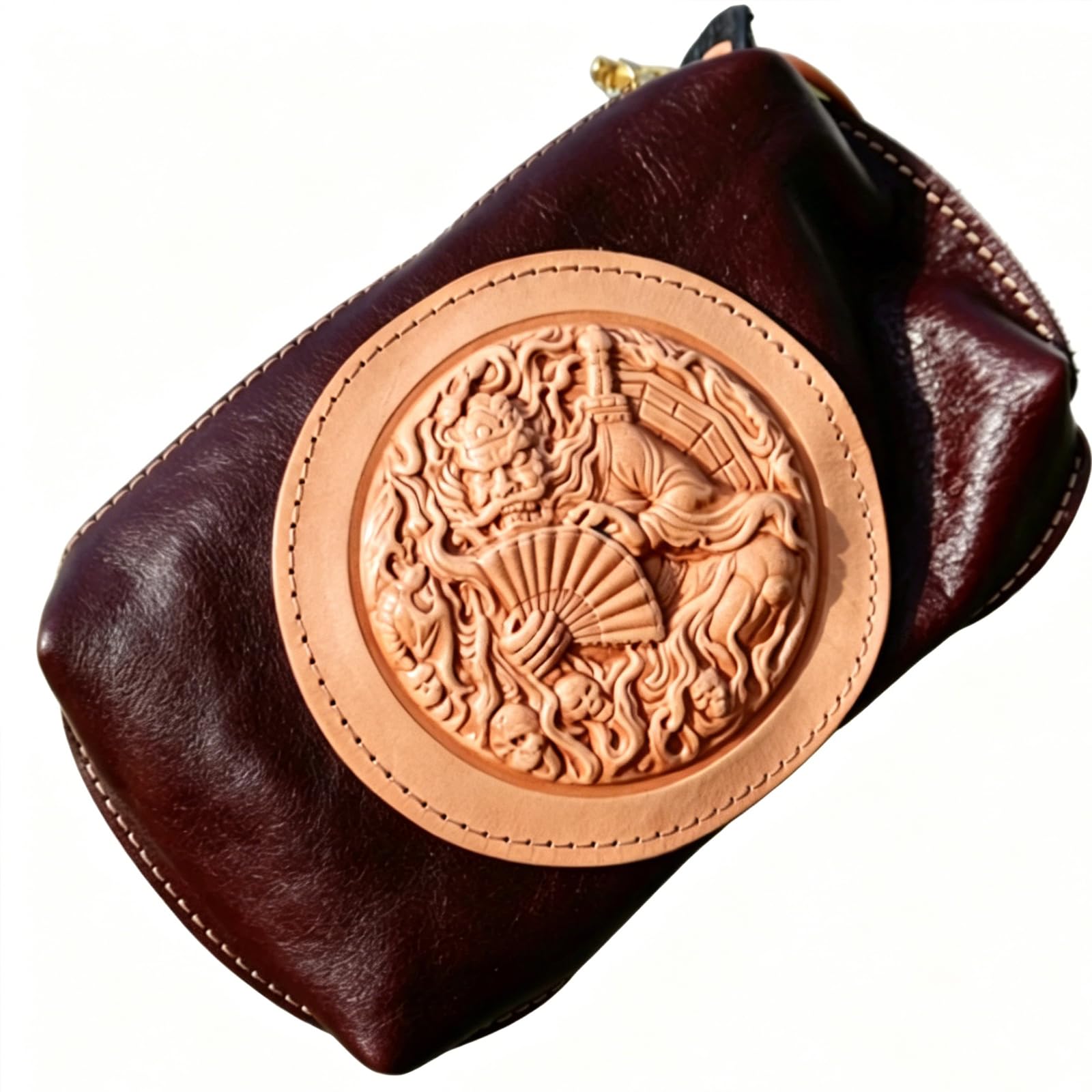 Bolsa De Teléfono En Piel Genuina, Real, Clutch De Zhong Kui Tallada A Mano, Bolsa Retro En De Vaca Grano Superior, Bolsa Almacenamiento con Diseño De Dios Chino En Relieve