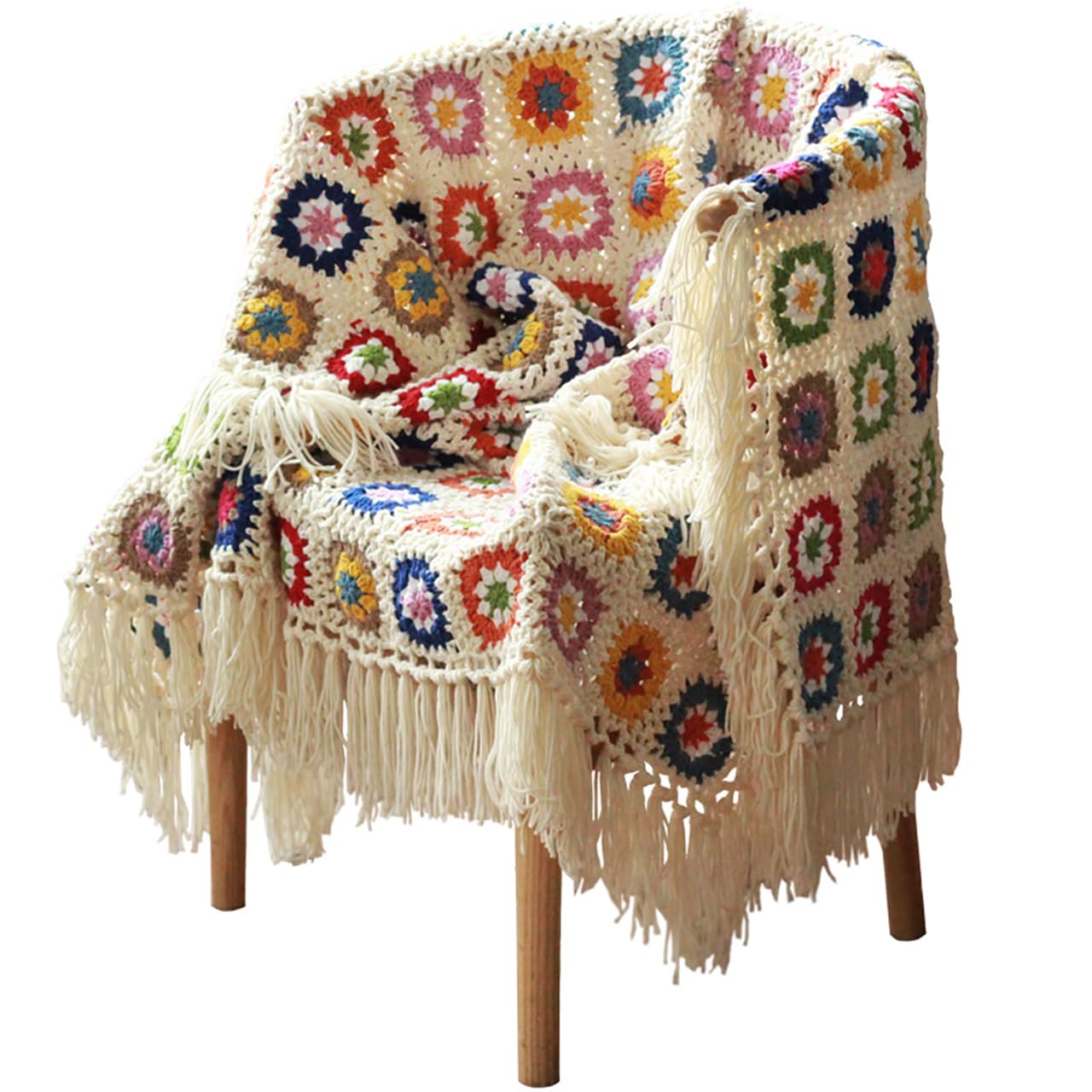 Dessus De Lit Fait Main Au Crochet – Blanc, Damier, Coton, 220x184 Cm