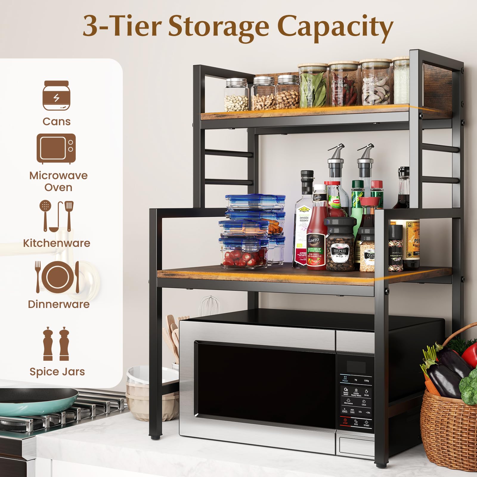 KOMFOTTEU Mensola Microonde 52 x 42 x 78 cm, Supporto Microonde con Piedini Regolabili e 2 Kit Antiribaltamento, Scaffale Salvaspazio da Cucina per Pentole, Padelle, Piatti e Ciotole, Marrone