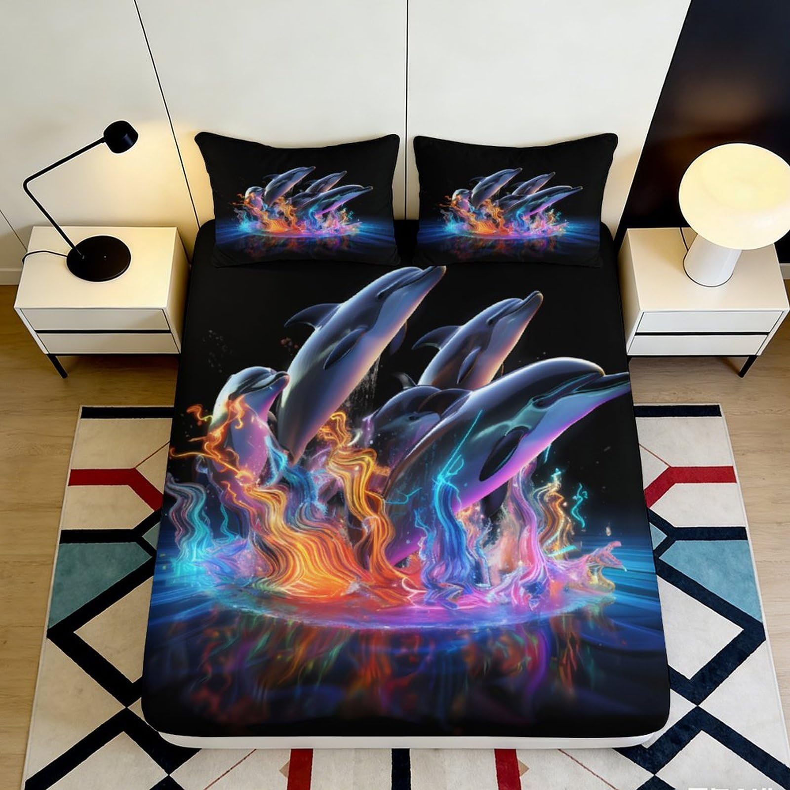 Uynsixtme Style-9 3D Printed Whale Art Fitted Sheet Microfiber Deep Pocket Non-Slip Bedding Whale Design Mattress Fitted Cover For Adults Teens Bedroom 90X200x25cm