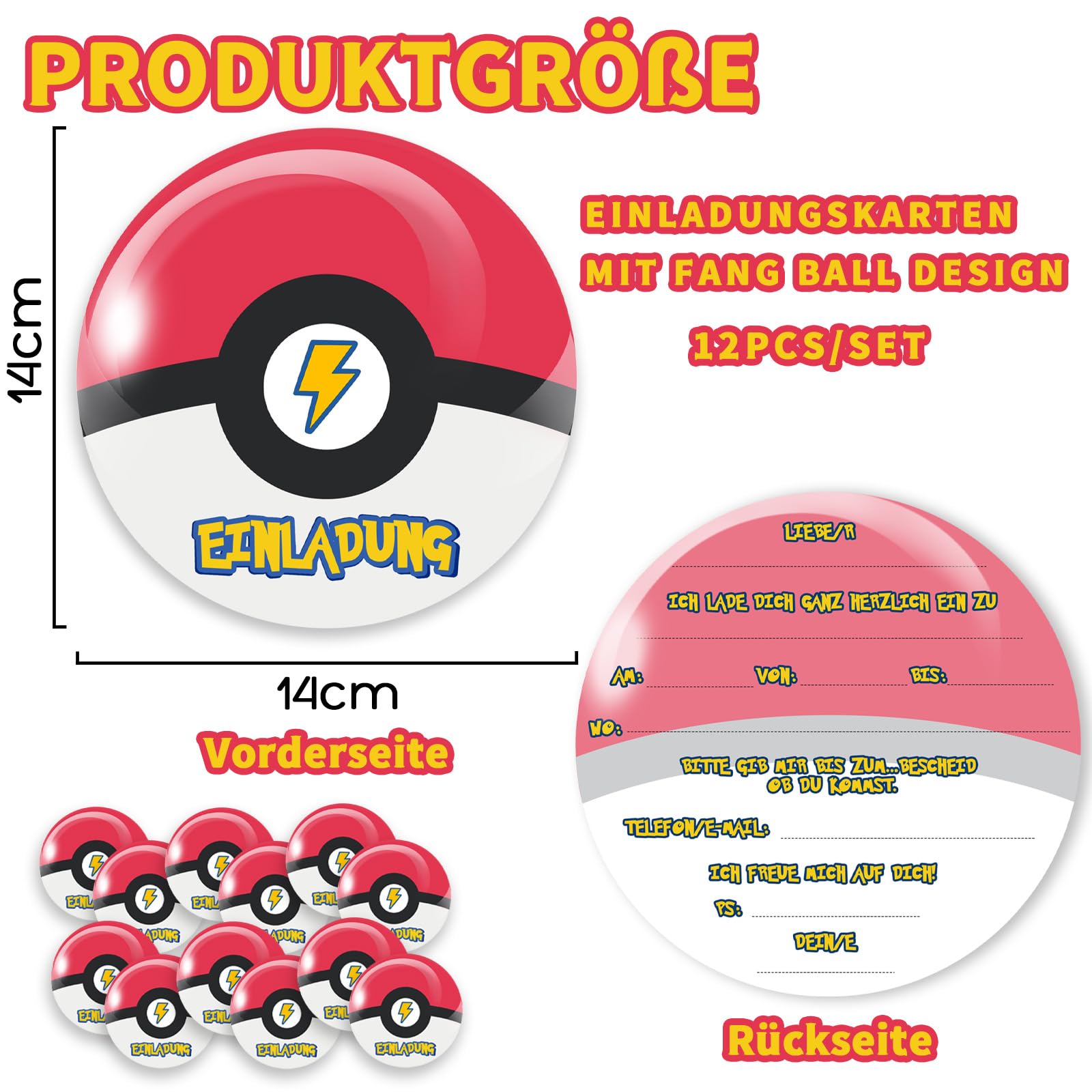 12x Einladungskarten Fang Ball Design - Runde Hochglanz Karten Für Kindergeburtstag - 300g Papier