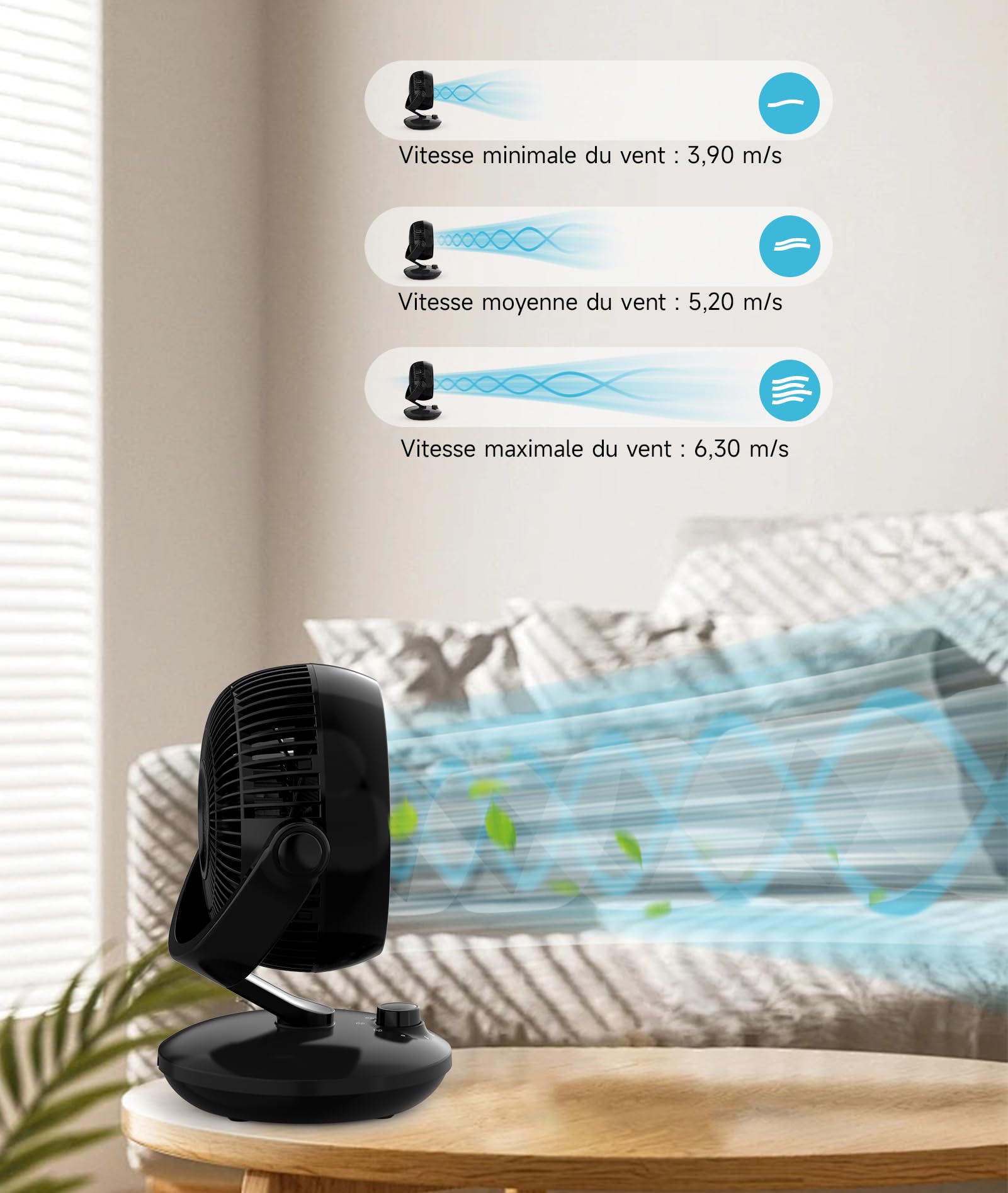 WOWDSGN Ventilateur de Table Silencieux 24dB, Ventilateur Bureau de Circulation d'air Turbo - 80° Oscillation Horizontale - 100° Réglage Vertical - 3 Vitess - Pour Chambre à Coucher/Bureau/Cuisine
