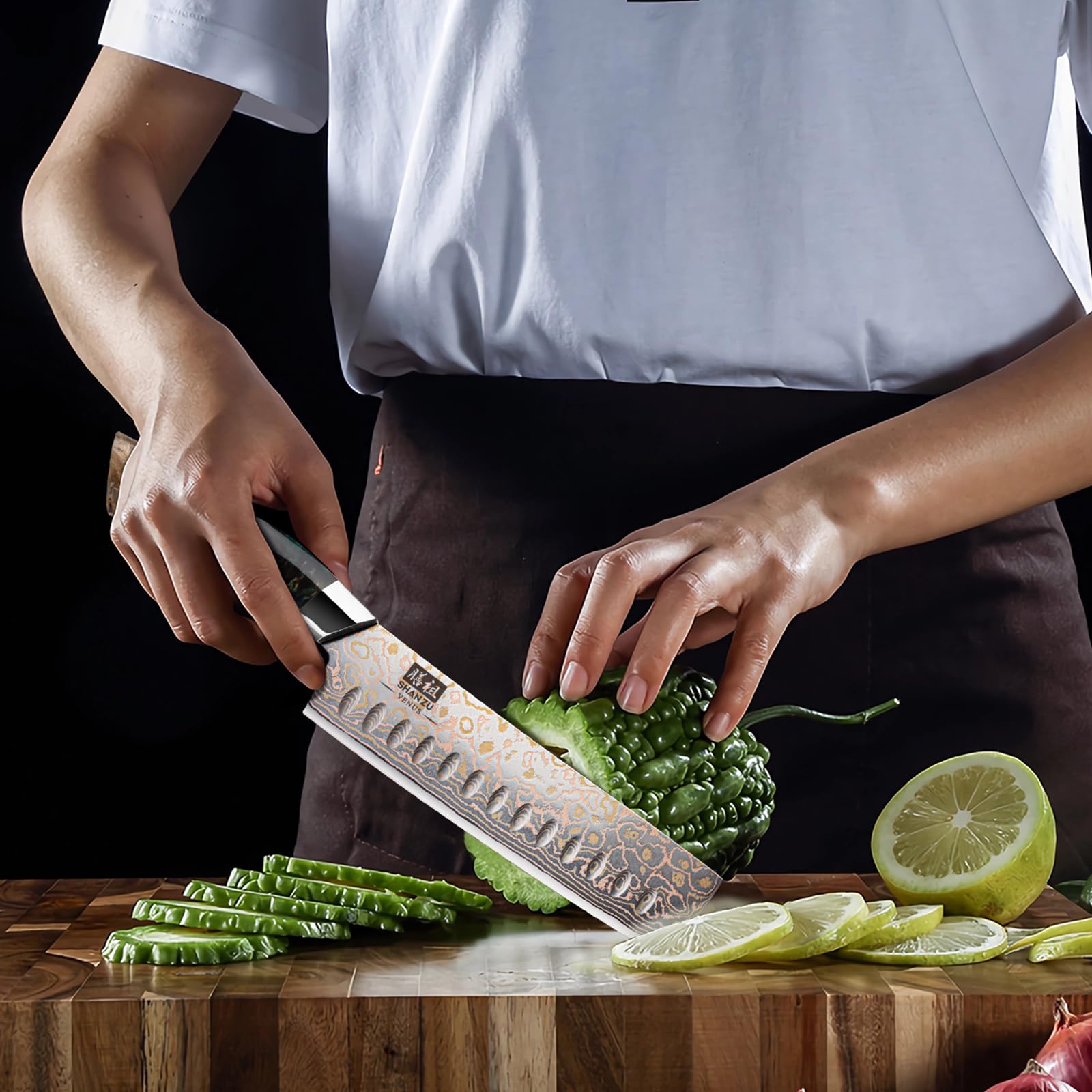 SHAN ZU Coltello Damasco e Rame Coltello da Chef Nakiri Coltello Giapponese Forgiato a Mano, 33 Strati in Acciaio Damasco Coltelli da Cucina Affilati Professionali in Damasco 18 CM
