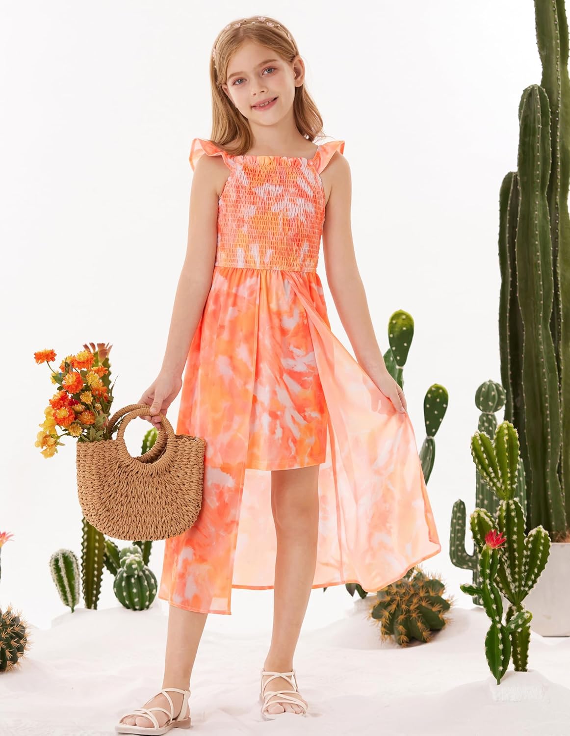 GRACE KARIN Girls Hawaiian Floral Smocked Dresses, Girl Flutter Sleeve Spring Summer Dress, Kids Easter Maxi Long Dresses - Image 4