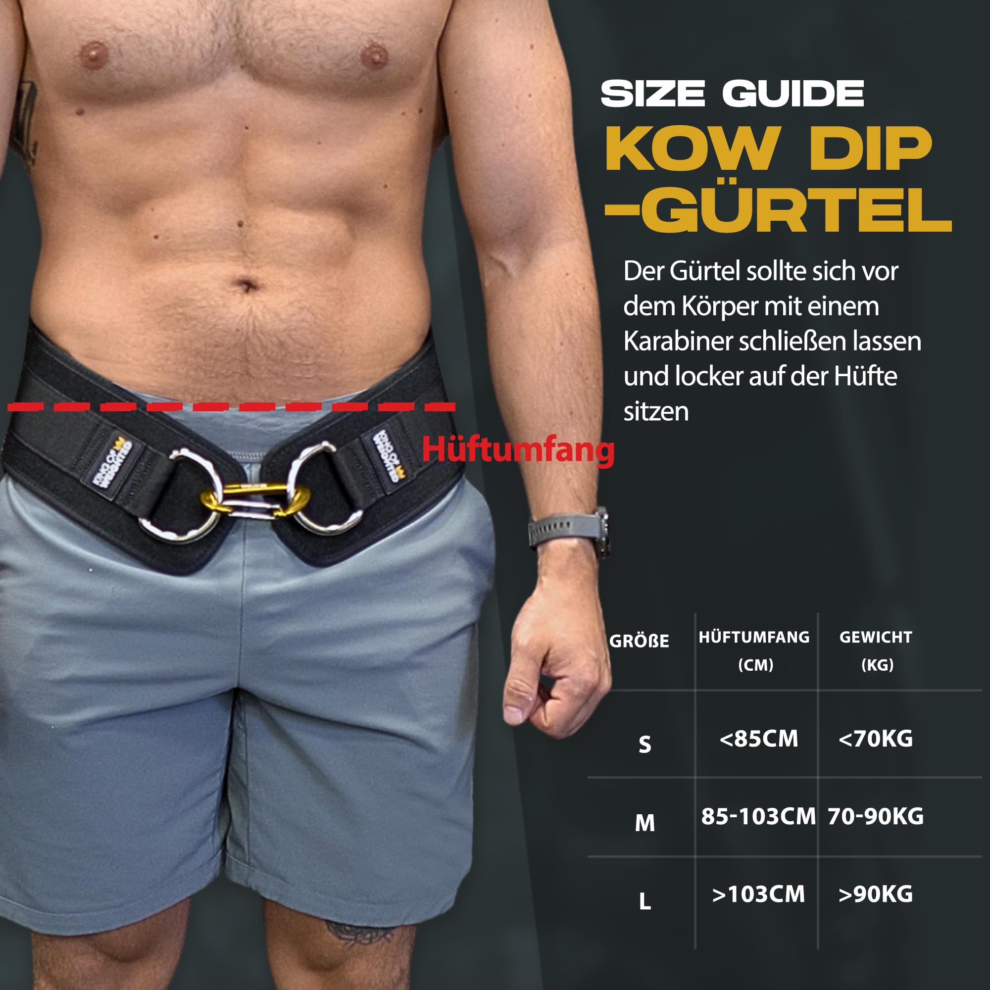 Dip Belt, wettkampf-konformer Dip Gürtel mit Seil + 3 Karabiner, Gewicht Gürtel für Calisthenics, Streetlifting, Krafttraining, Bodybuilding, Gewichtheben - 300kg Belastbarkeit