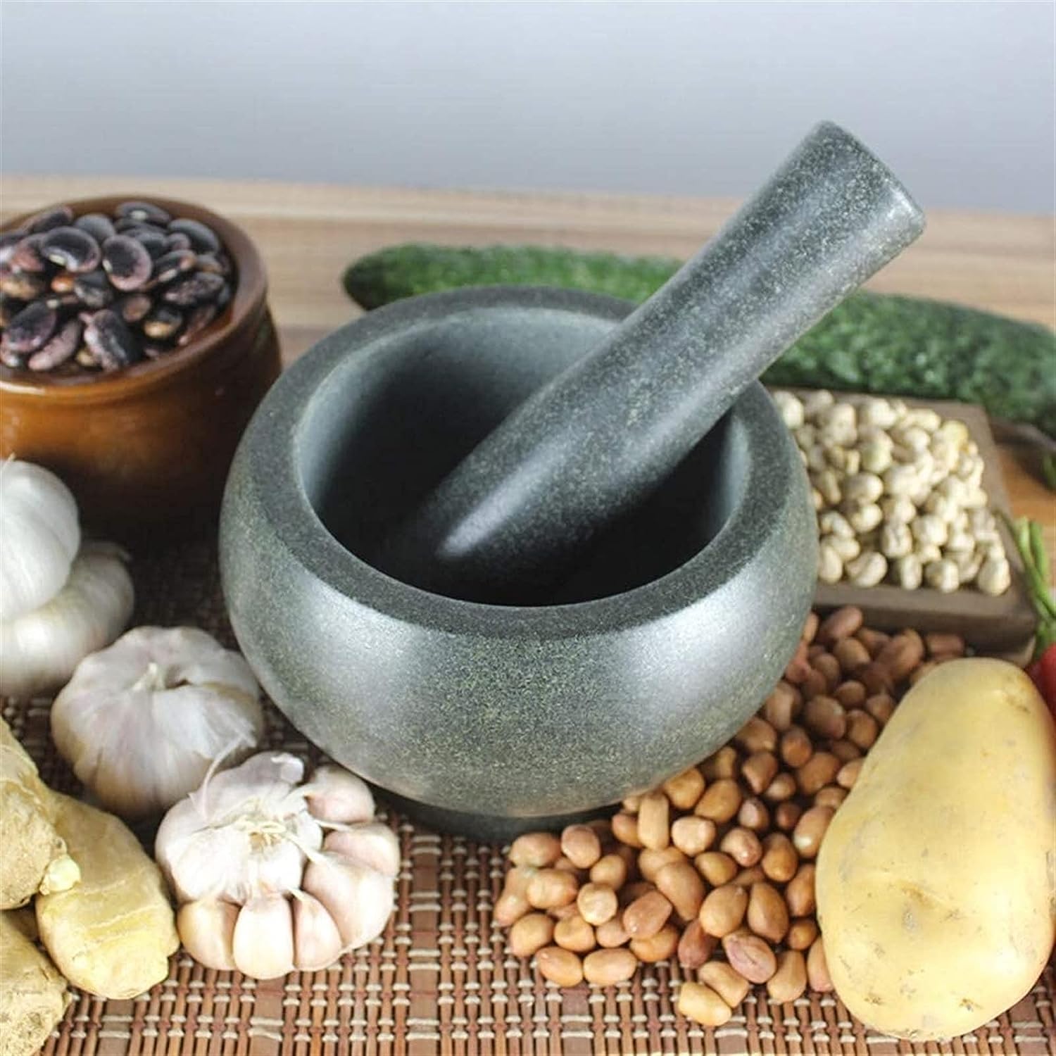 Juego de mortero y mortero Grande de Granito, Piedra de molienda de Guacamole Negra, Herramienta de Cocina Pesada de 6,3 Pulgadas y 7,2 Libras
