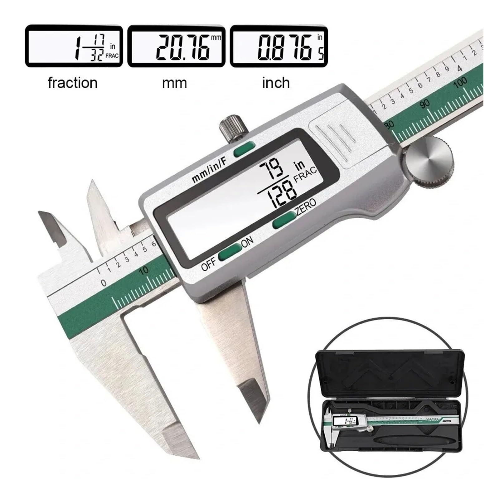 Calibrador digital ET50 de 150 mm, acero inoxidable, fracciones/mm/pulgadas, precisión de 0,01 mm for la medición de componentes mecánicos.