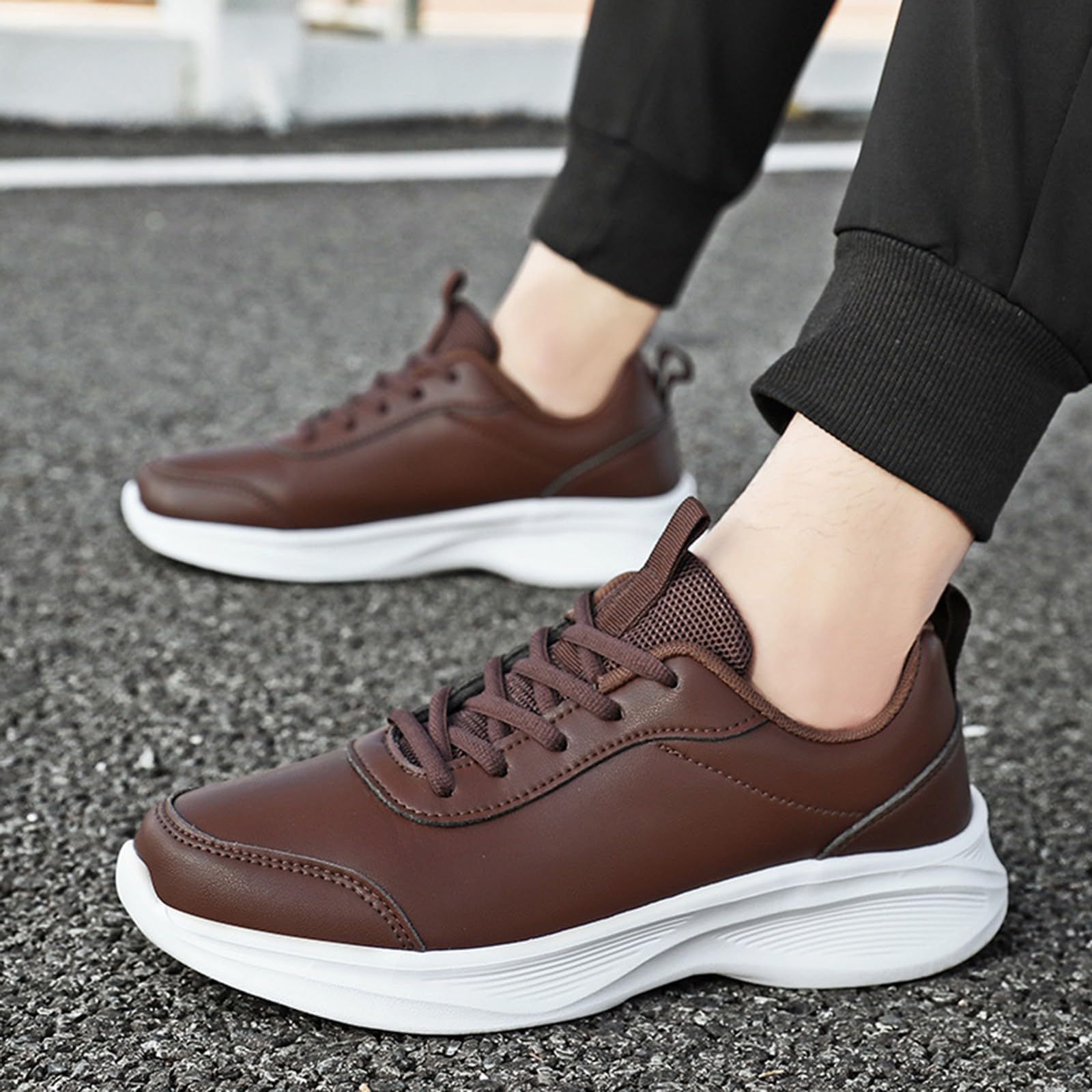 Baskets pour femme - Noir - Avec semelle blanche - Légères - En cuir - Antidérapantes - Respirantes - Chaussures de tennis épaisses - Avec lanières - Chaussures de fitness - Chaussures de marche