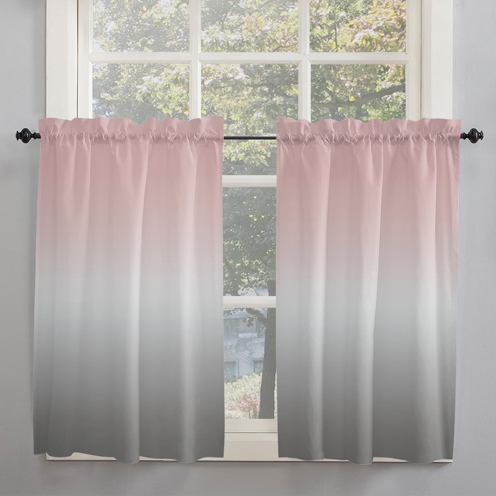 Edwiinsa Kitchen Curtain 2 Panels Tiers Curtains 45 Inch Length, Ombre, Curtains Rod Pocket Curtains Window Drapes Treatment Window Cafe Curtains Gradient Pink and Grey