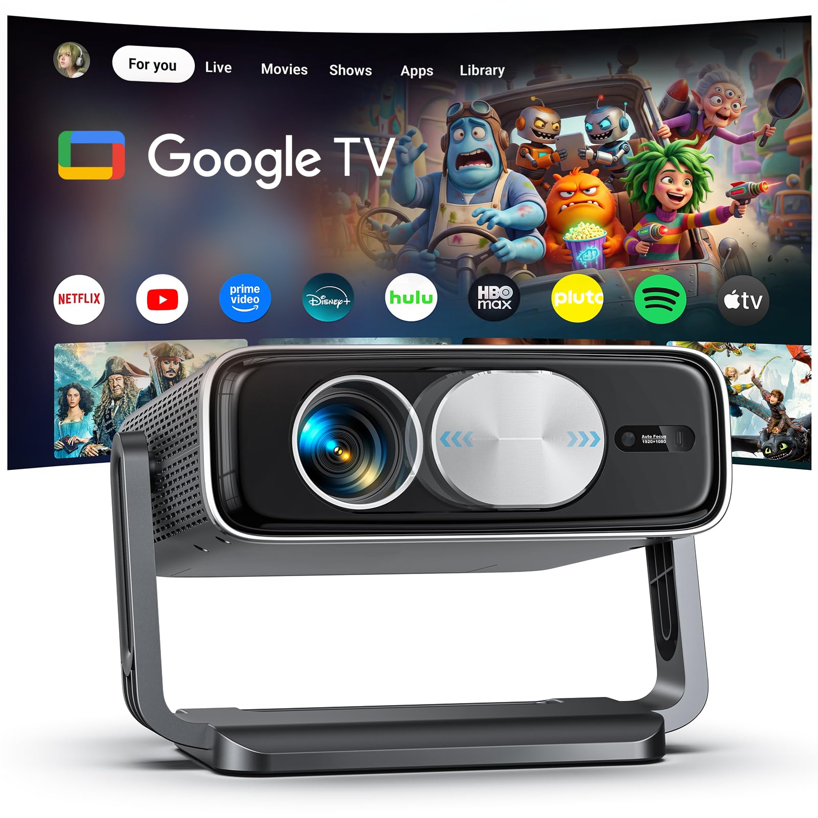 Smart 4K Projector [Bundled with Google TV Stick] with WiFi and Bluetooth, 3000ANSI, Auto Lens Cap, Portable Outdoor Movie Projector with Built-in Apps Auto Focus for Ceiling/Home Theater/Bedroom